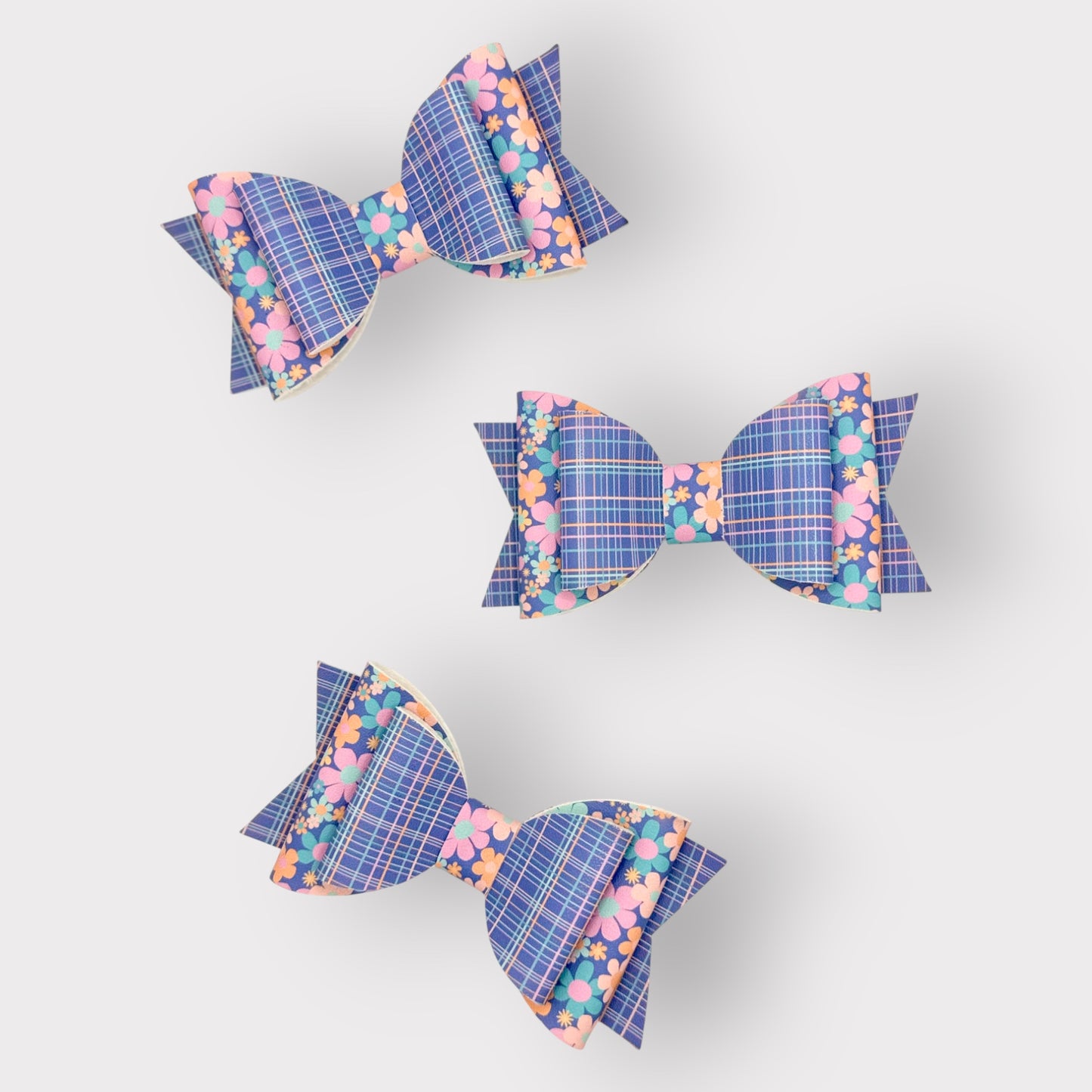 Blue Plaid Floral | Large Stacked Hair Bow