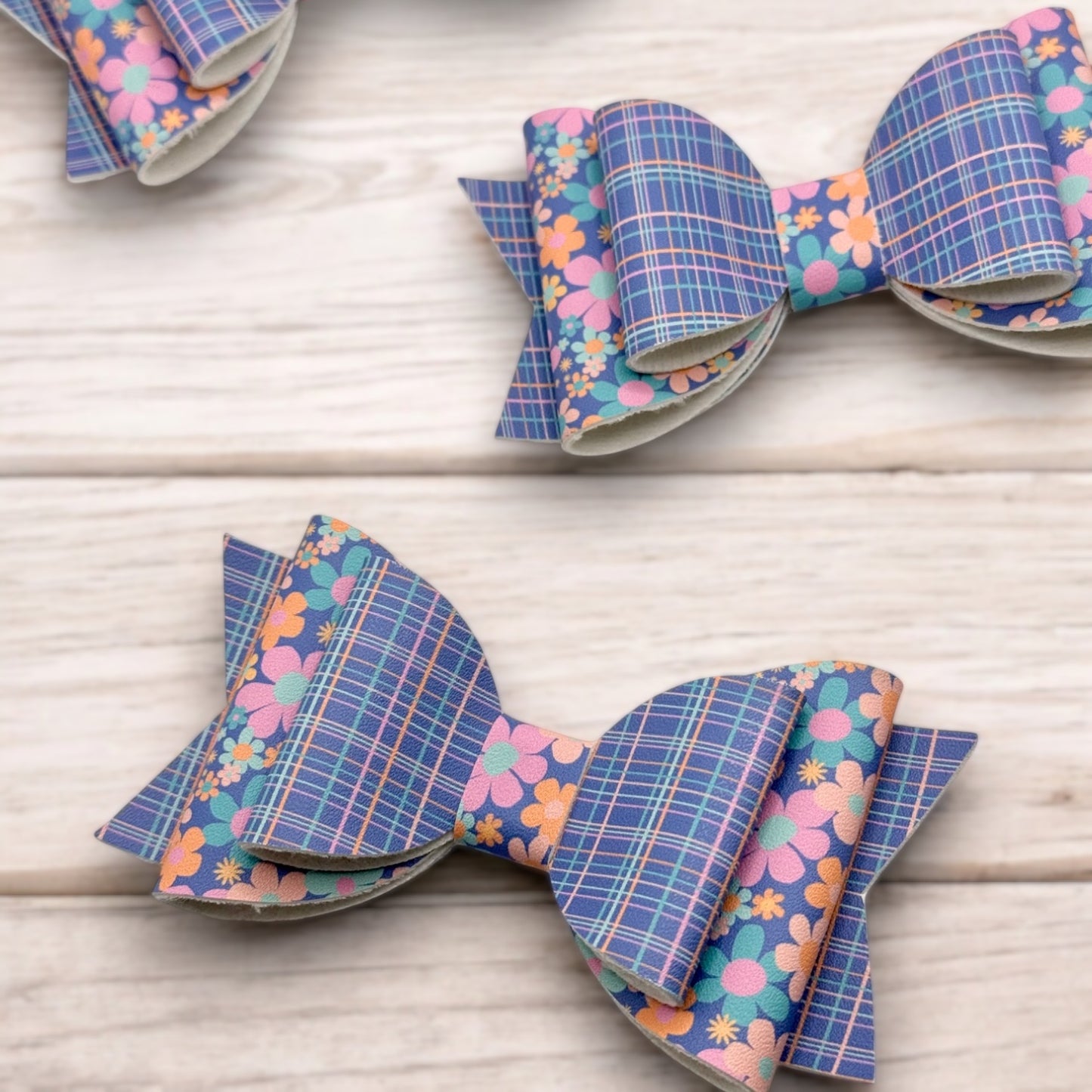 Blue Plaid Floral | Large Stacked Hair Bow