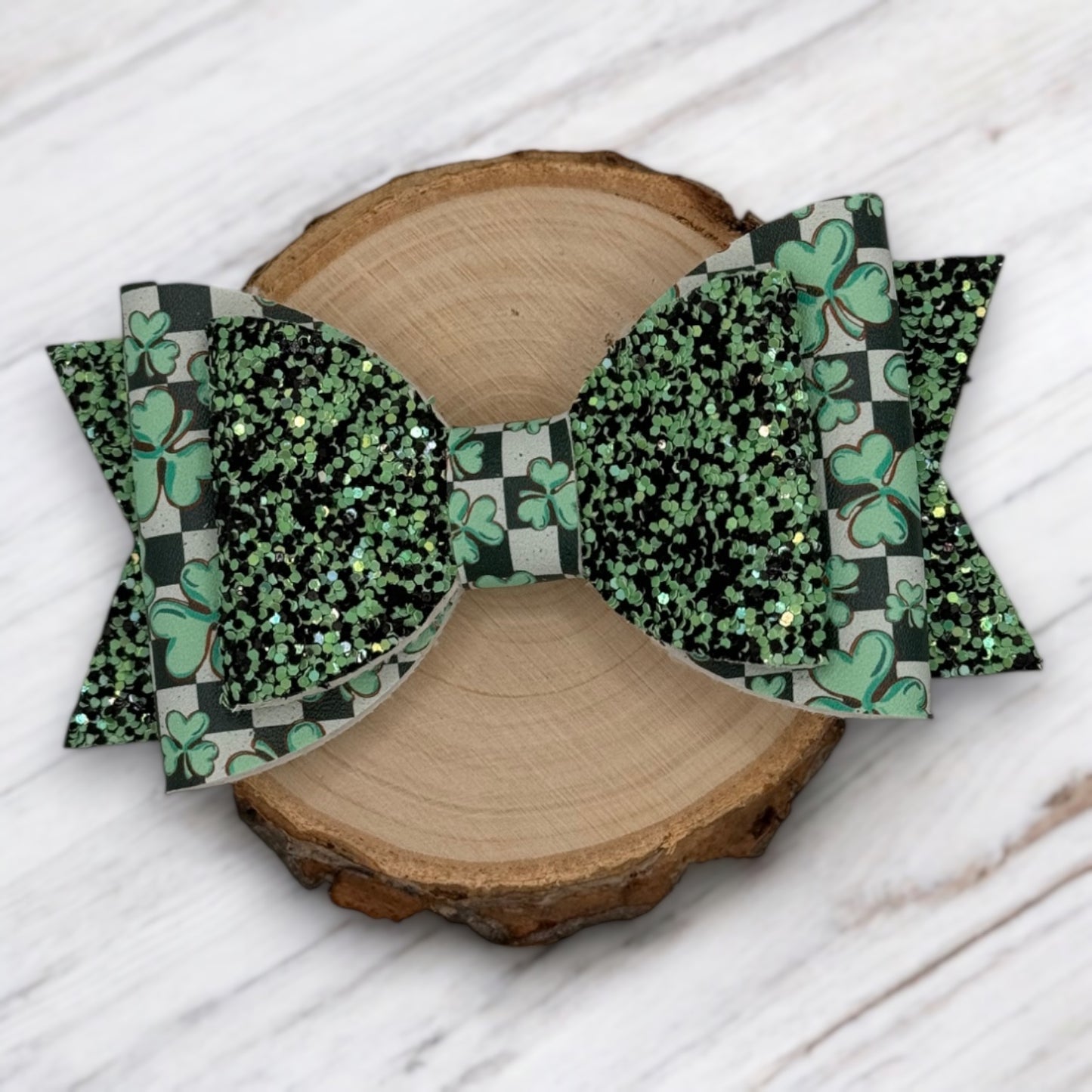 Checkerboard Clovers | Green Glitter Large Stacked Hair Bow