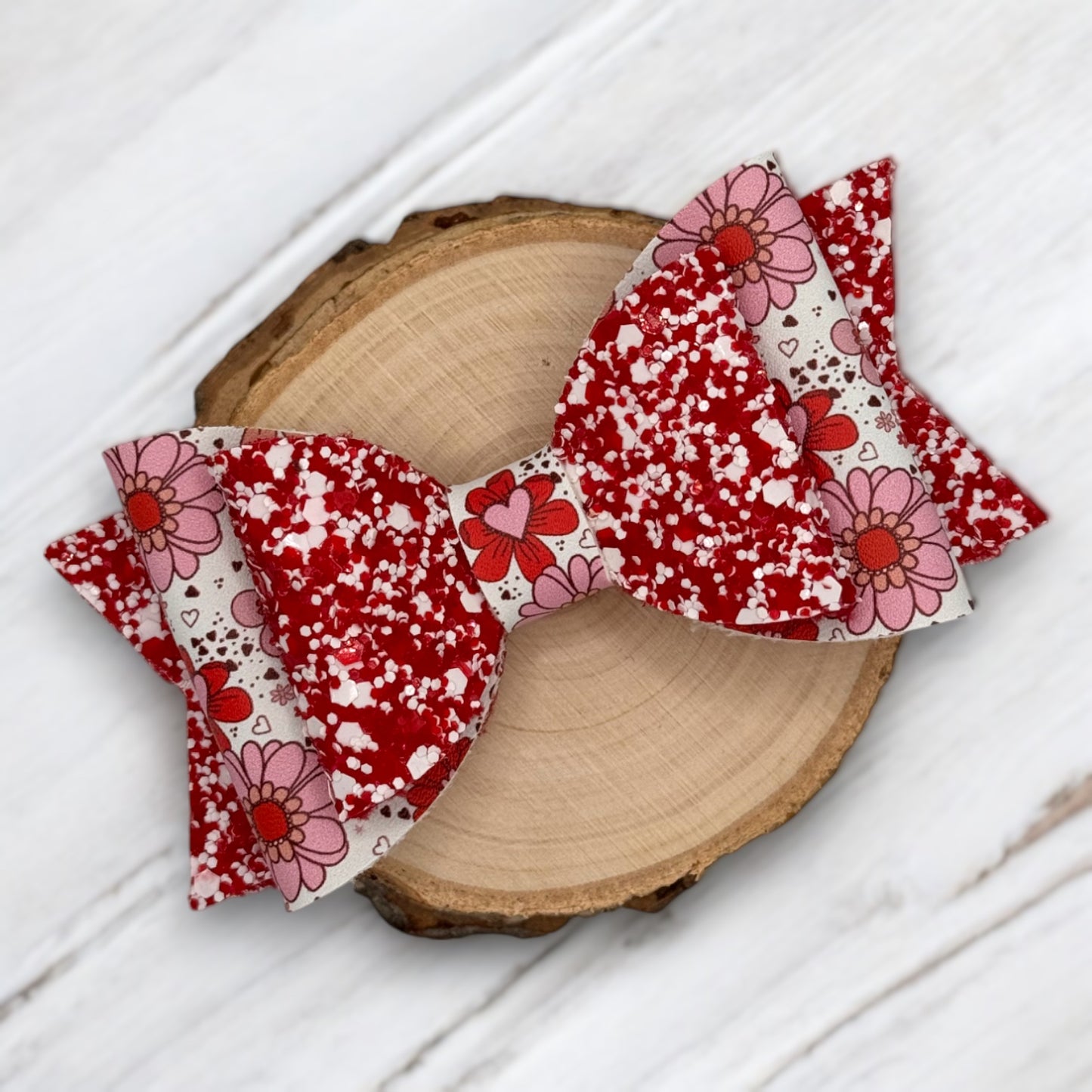 White Heart Florals | Glitter Large Stacked Hair Bow