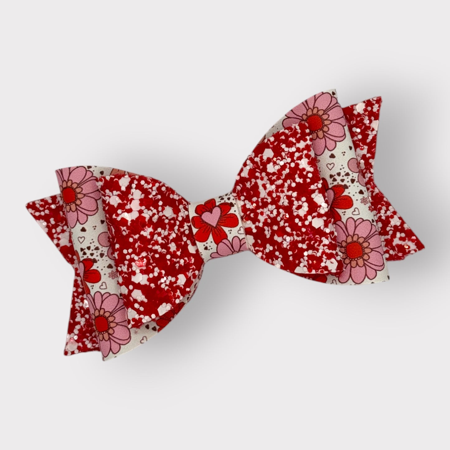 White Heart Florals | Glitter Large Stacked Hair Bow
