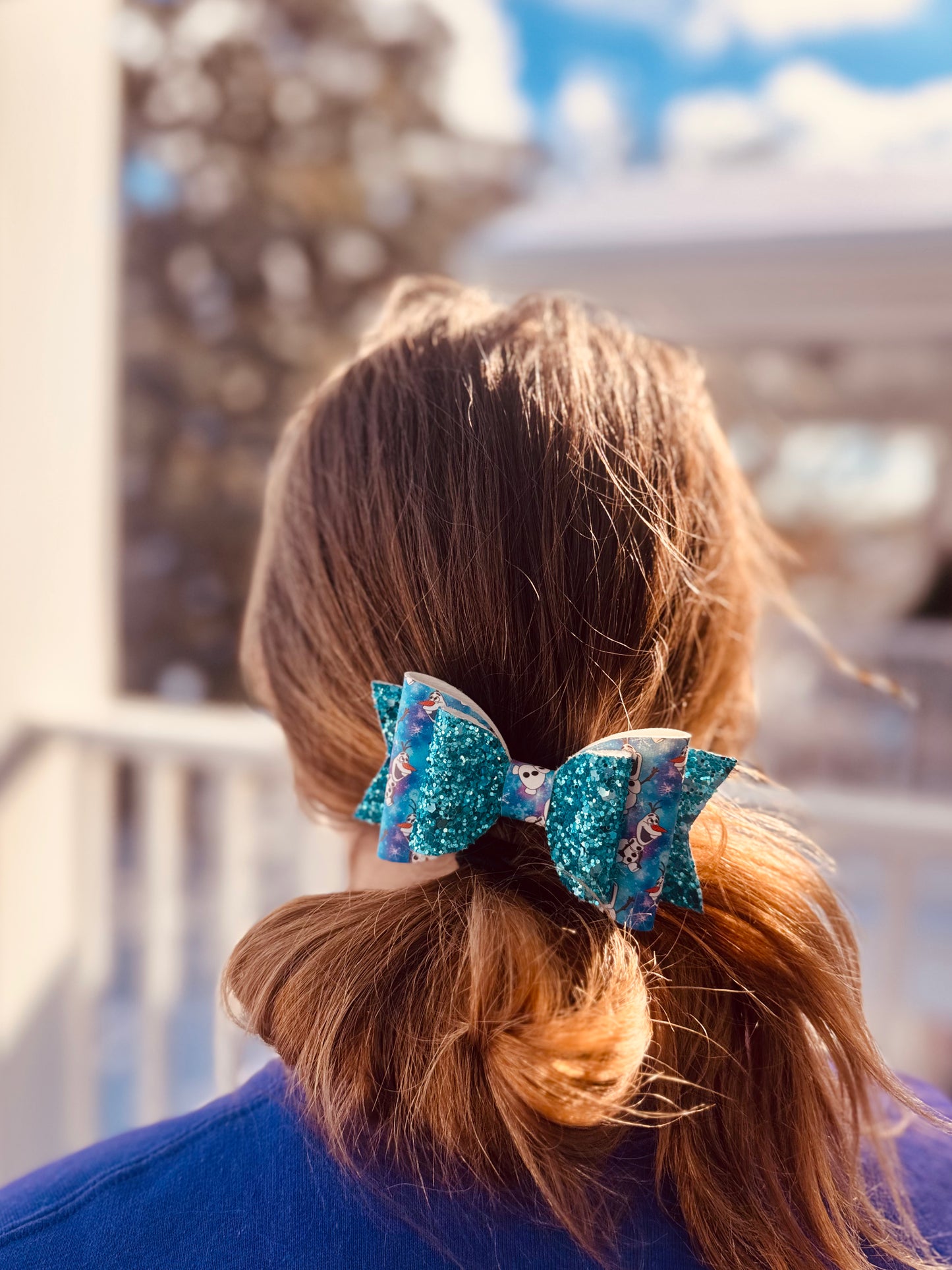Friendly Snowman | Large Blue Glitter Faux Leather Hair Bow