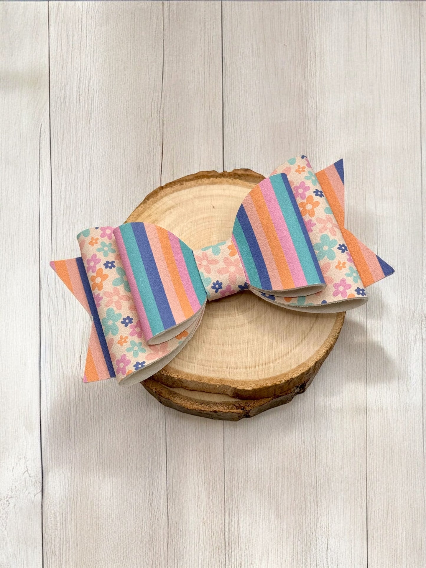 Pastel Floral | Large Stacked Striped Faux Leather Hair Bow