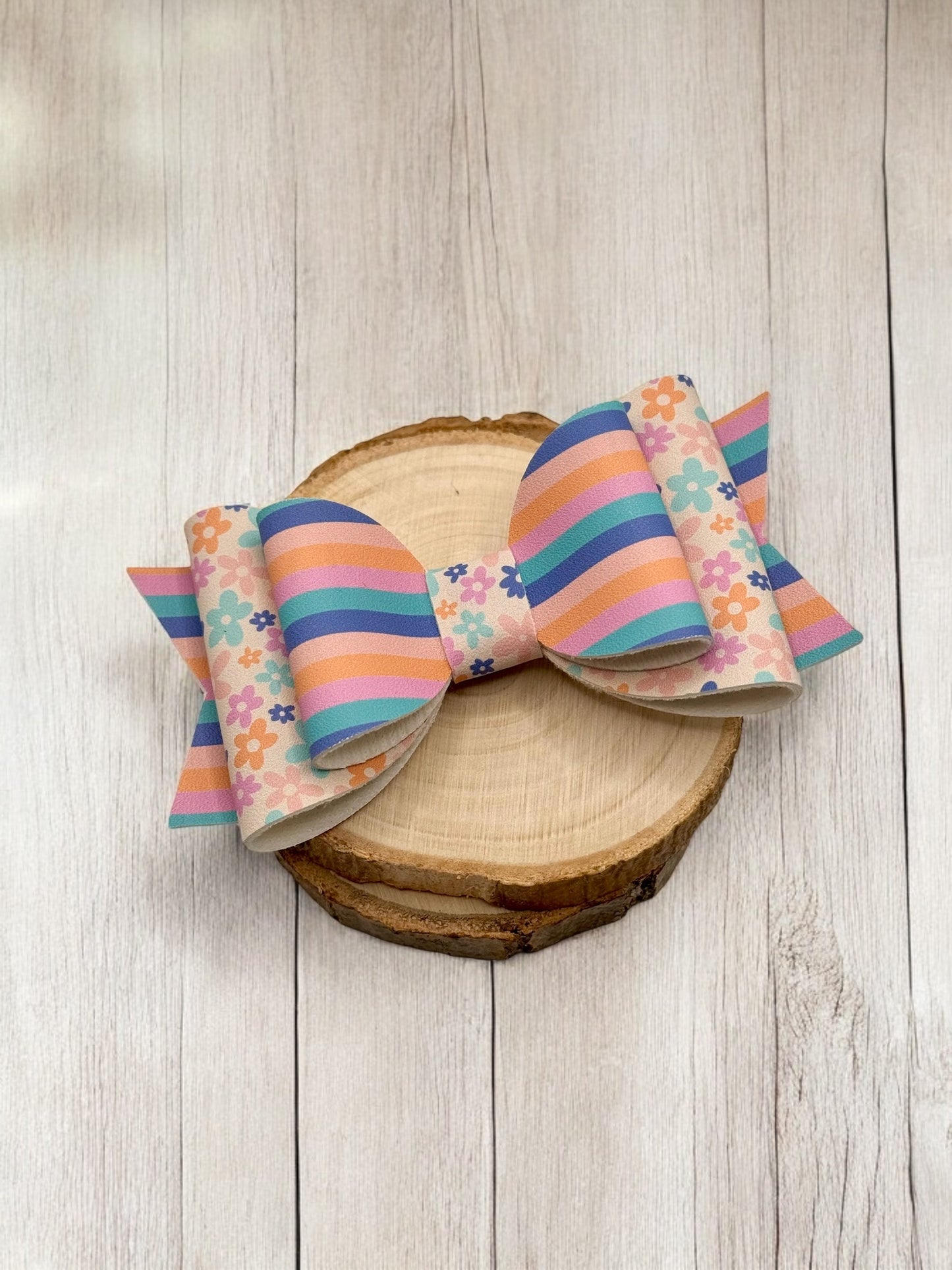 Pastel Floral | Large Stacked Striped Faux Leather Hair Bow