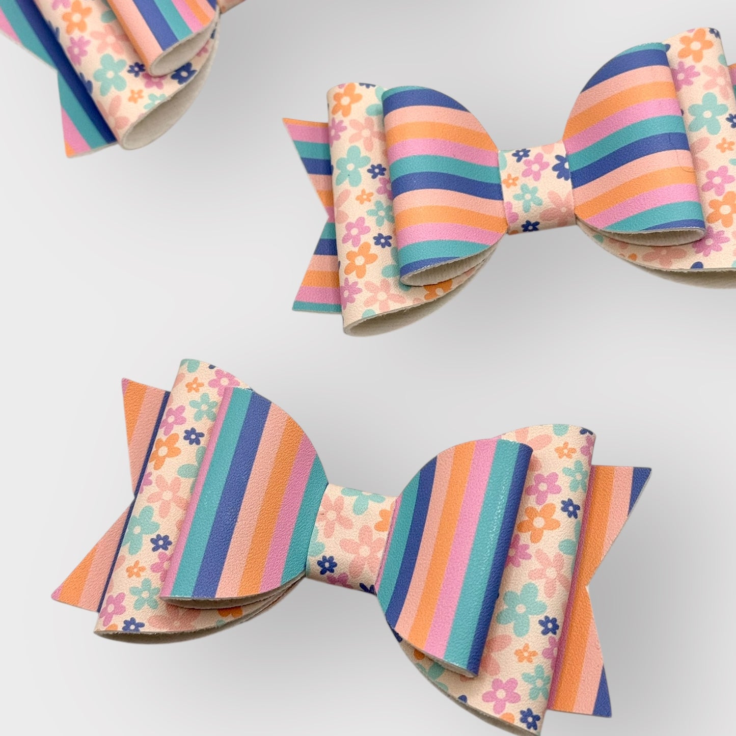 Pastel Floral | Large Stacked Striped Faux Leather Hair Bow