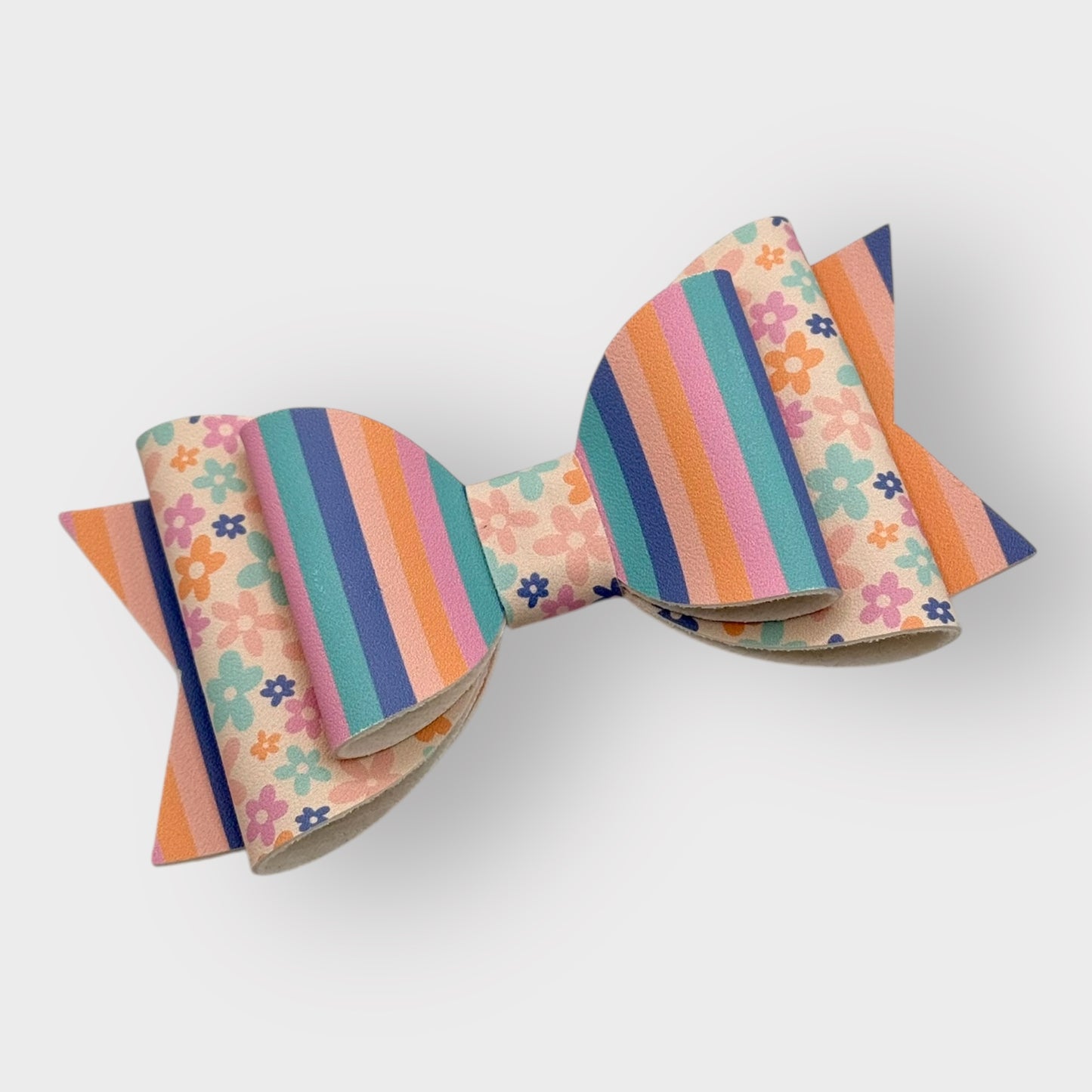 Pastel Floral | Large Stacked Striped Faux Leather Hair Bow