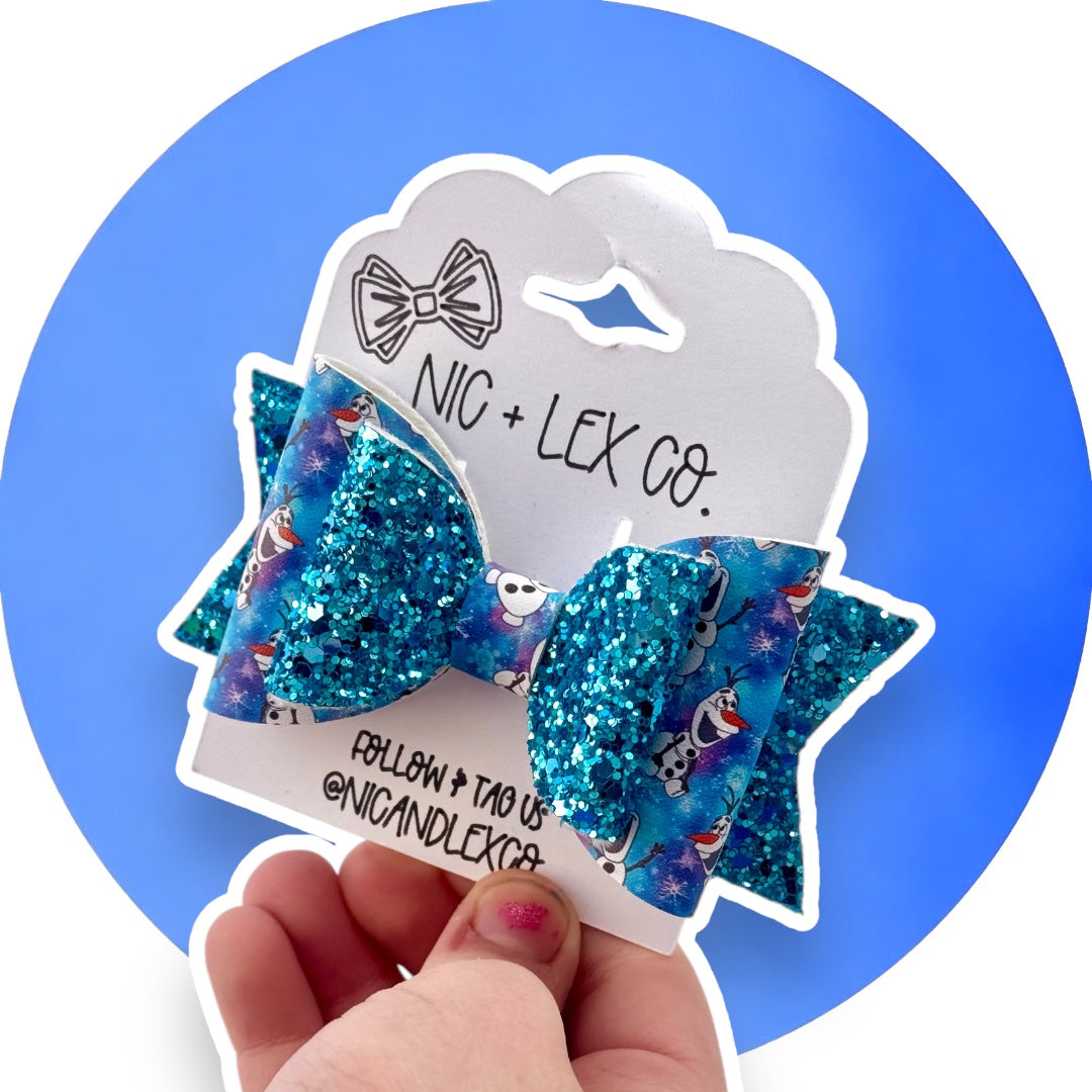 Friendly Snowman | Large Blue Glitter Faux Leather Hair Bow