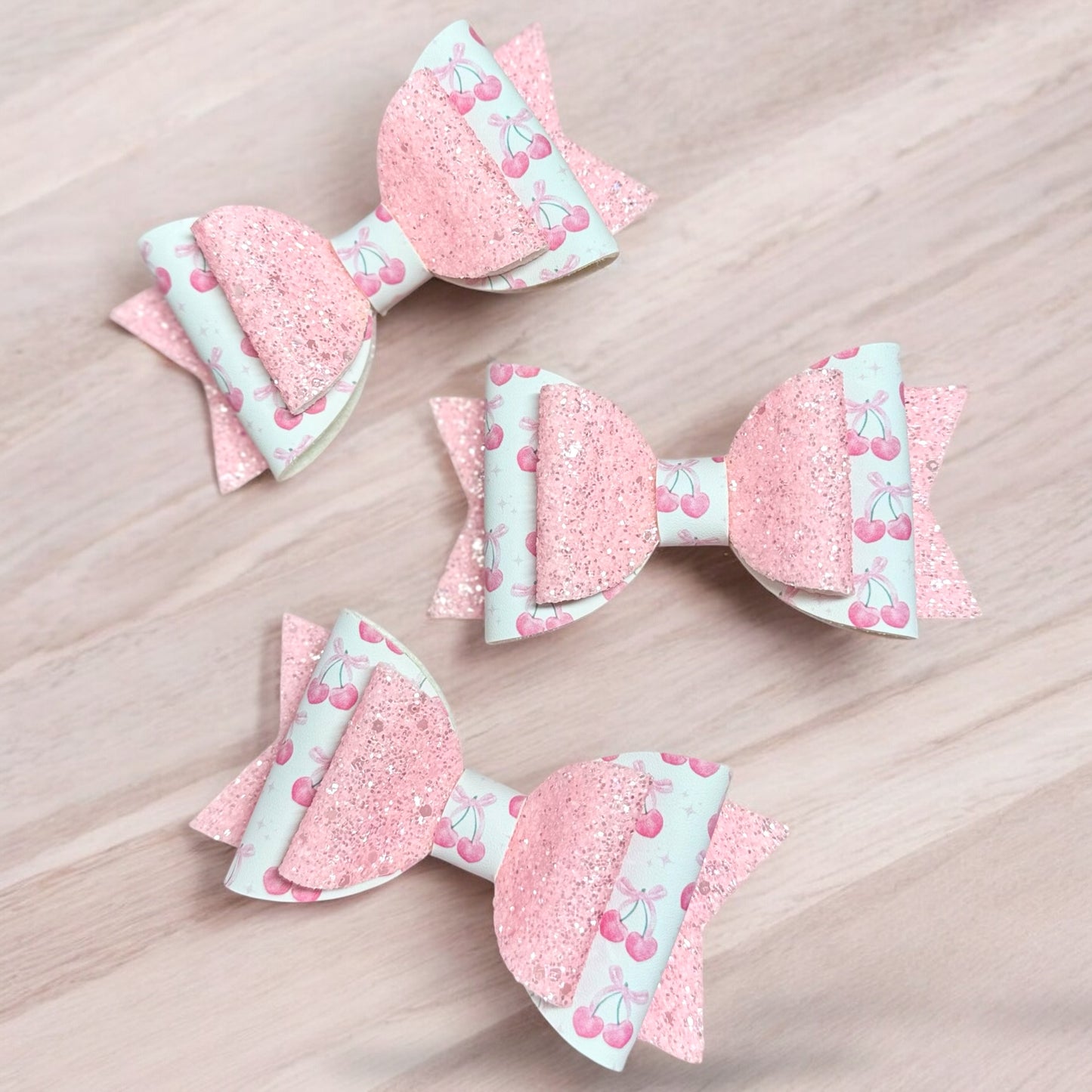 Cute Cherries | Pink Glitter Large Stacked Hair Bow