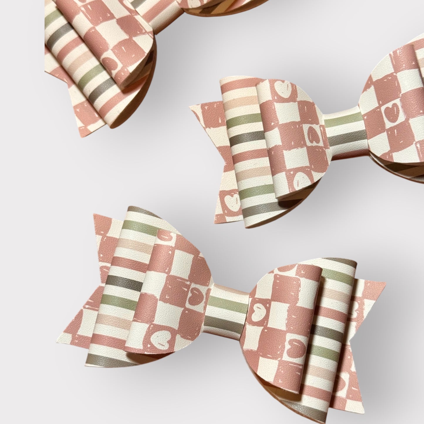 Neutral Checkerboard Hearts | Large Stacked Hair Bow
