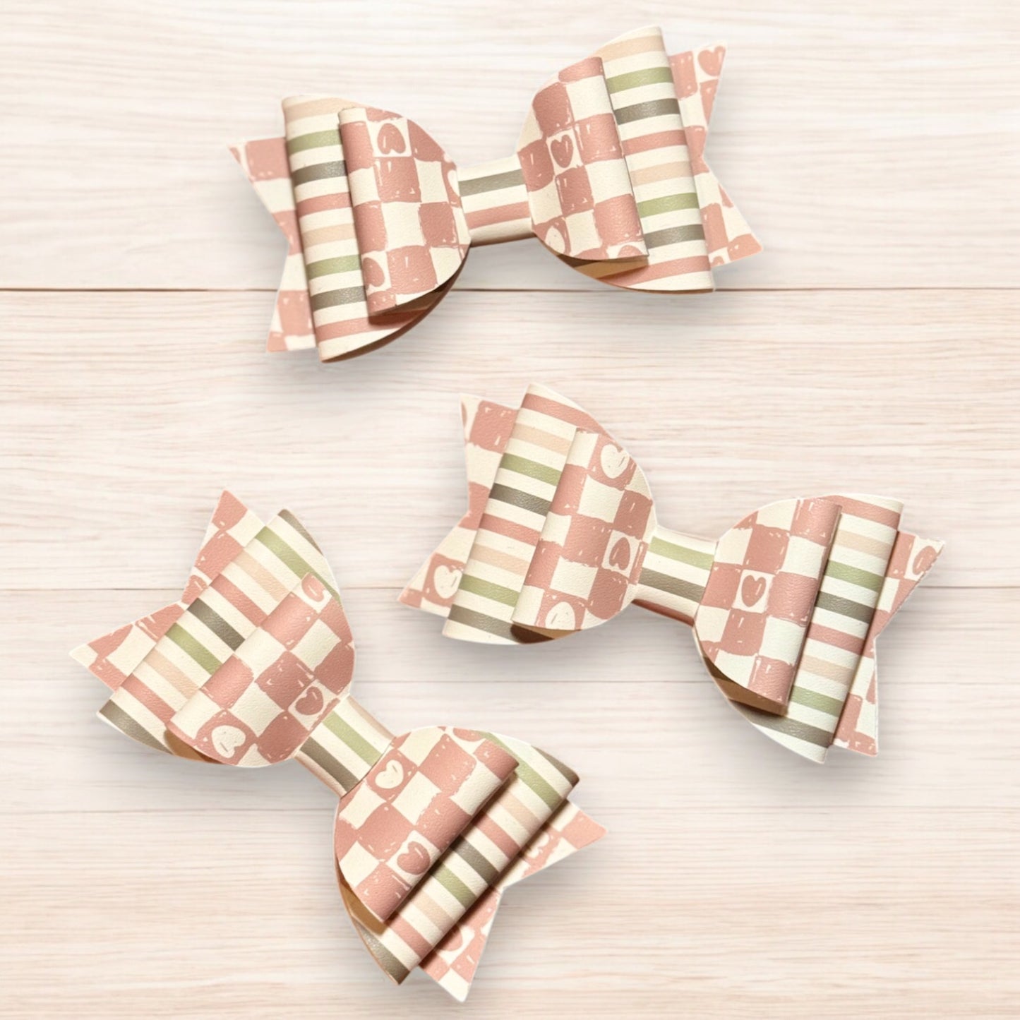 Neutral Checkerboard Hearts | Large Stacked Hair Bow
