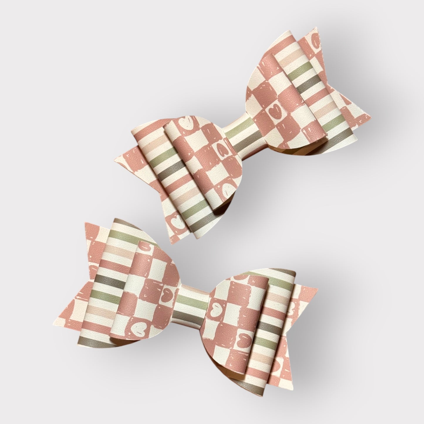 Neutral Checkerboard Hearts | Large Stacked Hair Bow