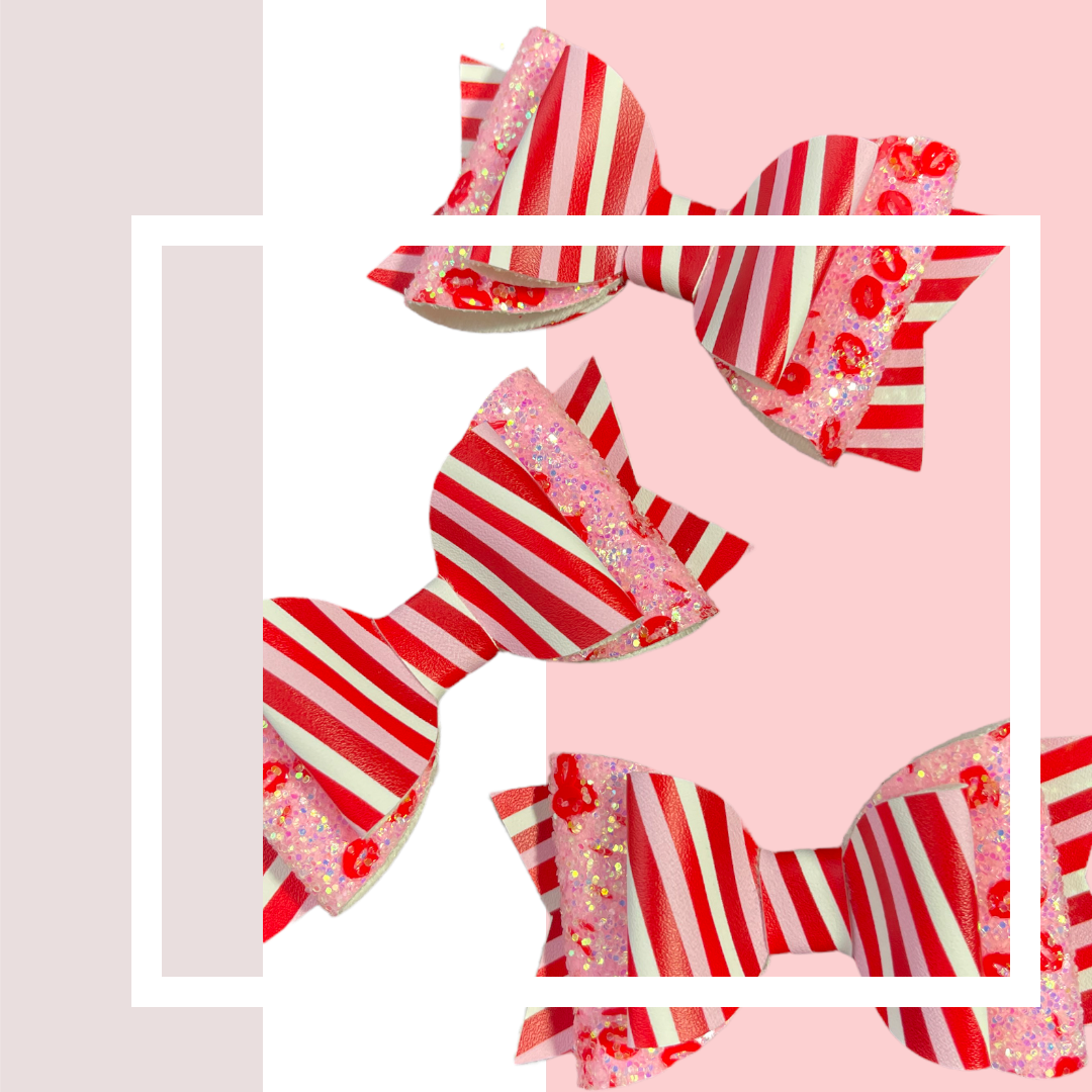 Stripe Kisses | Large Stacked Pink Glitter Faux Leather Hair Bow