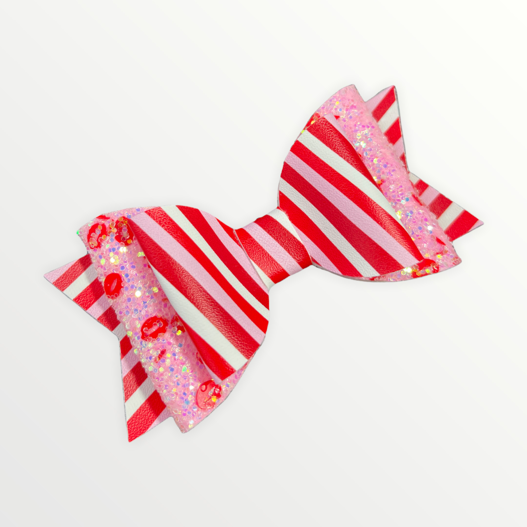 Stripe Kisses | Large Stacked Pink Glitter Faux Leather Hair Bow