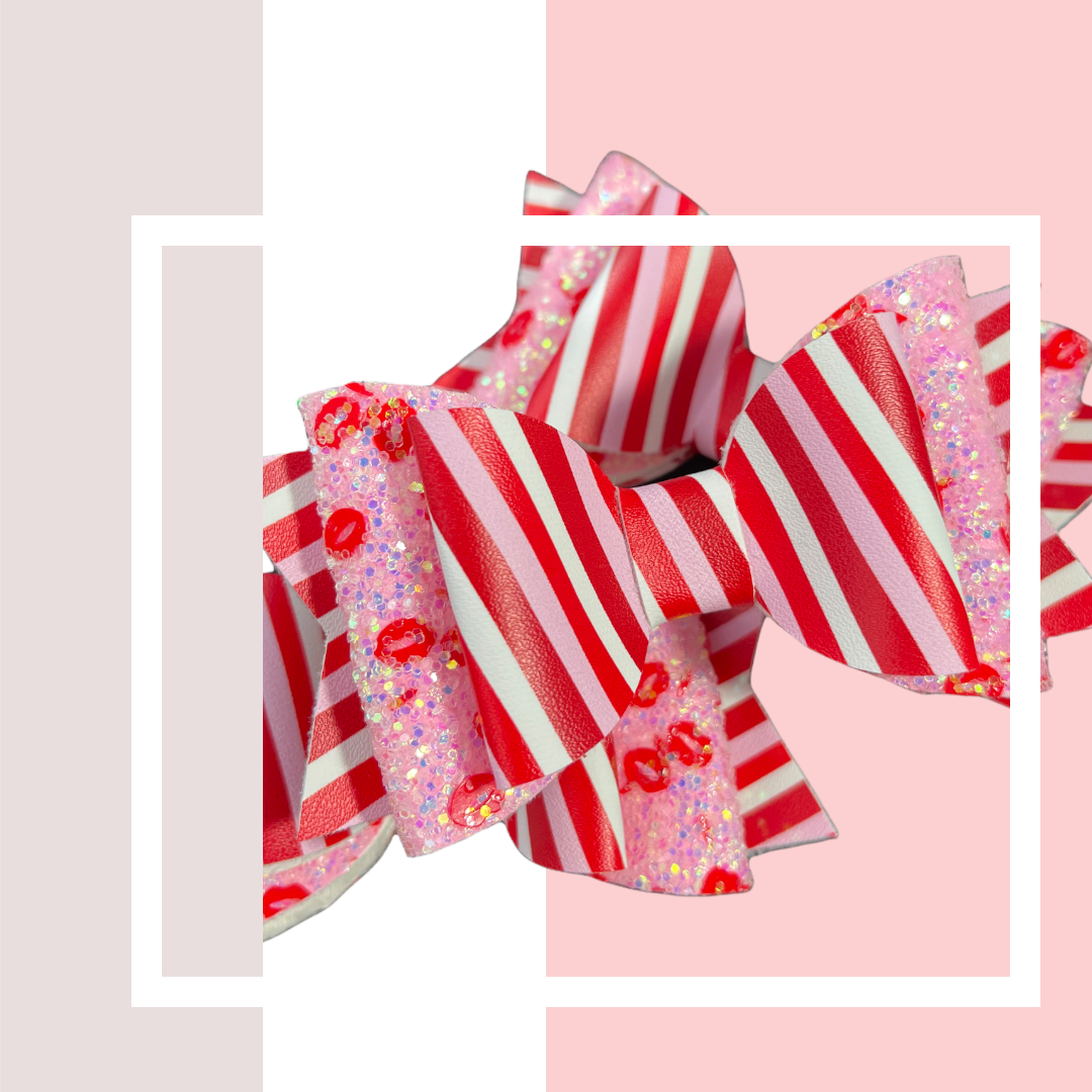 Stripe Kisses | Large Stacked Pink Glitter Faux Leather Hair Bow