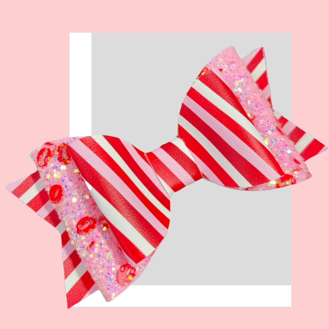 Stripe Kisses | Large Stacked Pink Glitter Faux Leather Hair Bow