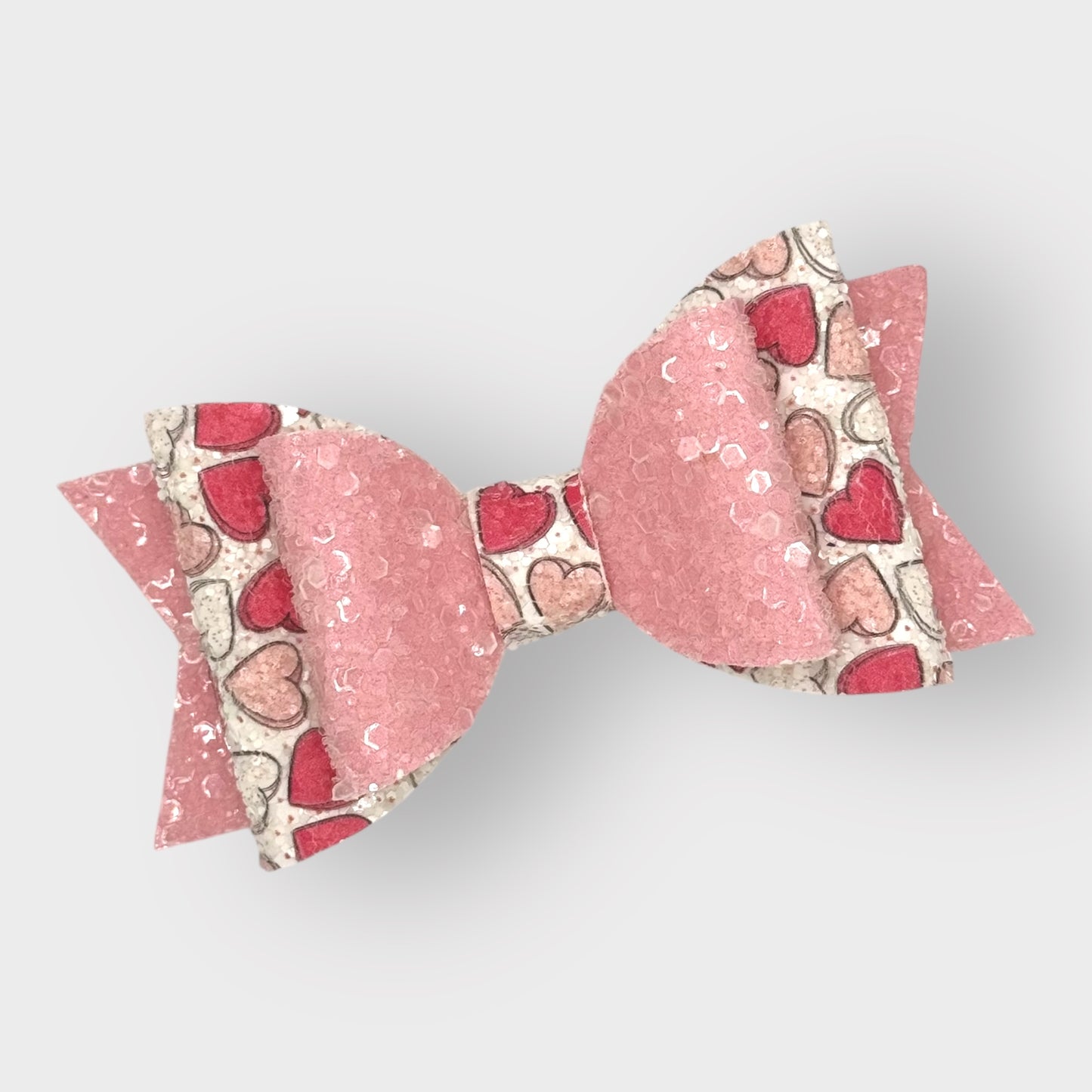 Pink Hearts | Large Stacked Pink Glitter Faux Leather Hair Bow