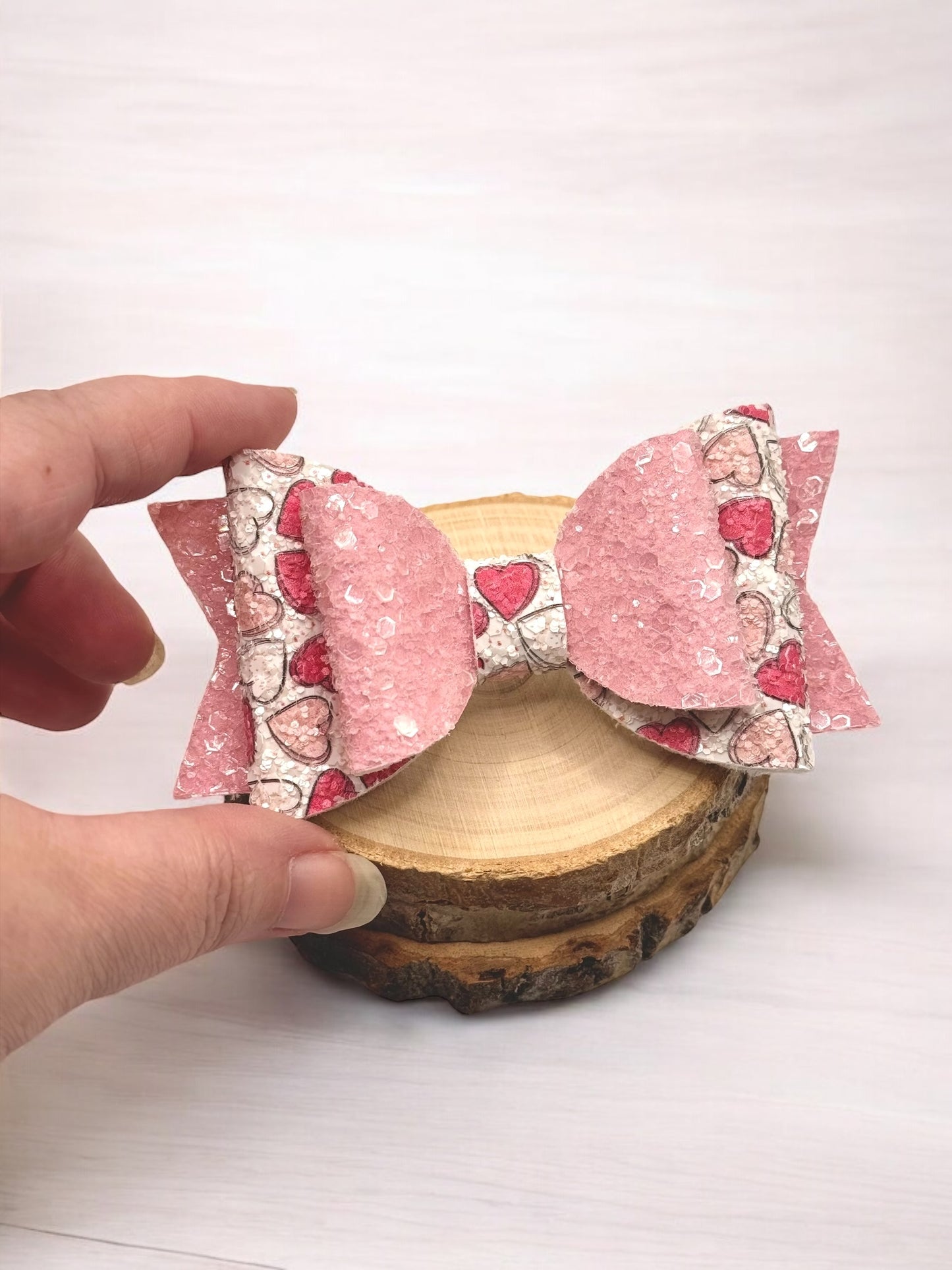 Pink Hearts | Large Stacked Pink Glitter Faux Leather Hair Bow