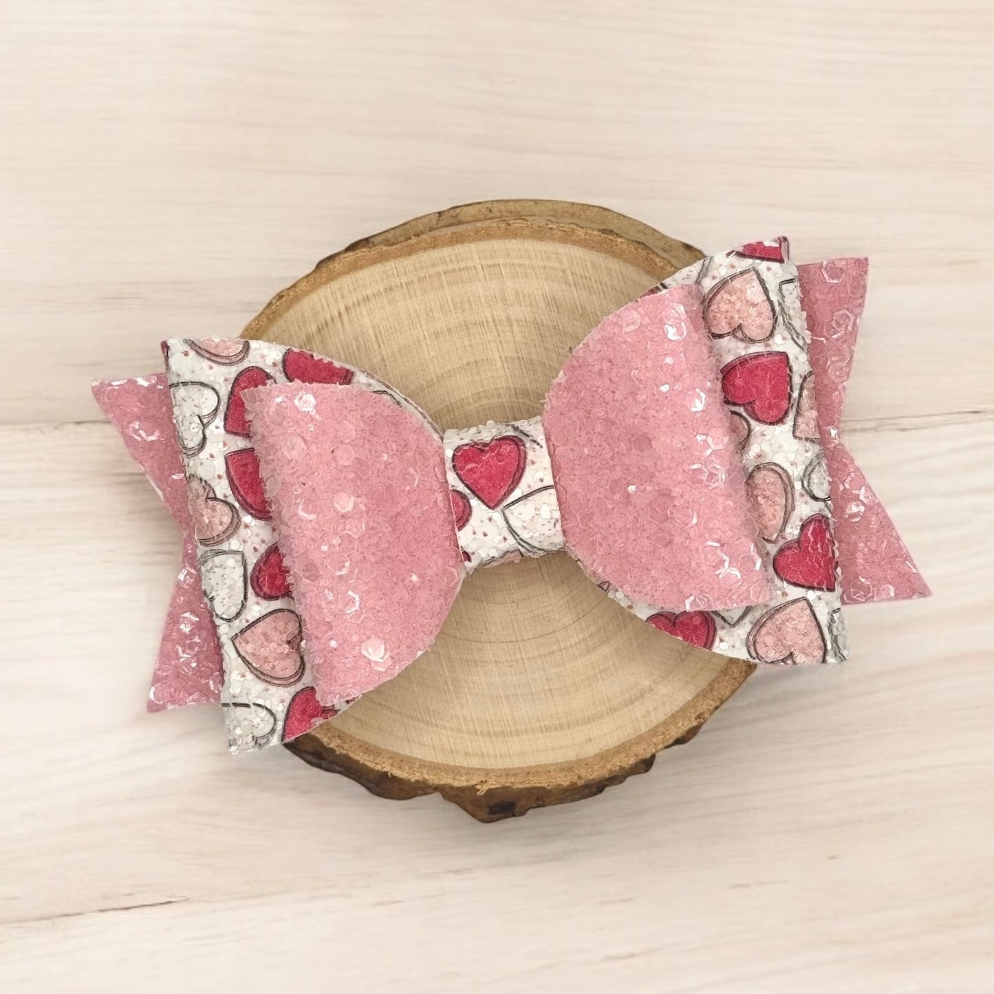 Pink Hearts | Large Stacked Pink Glitter Faux Leather Hair Bow