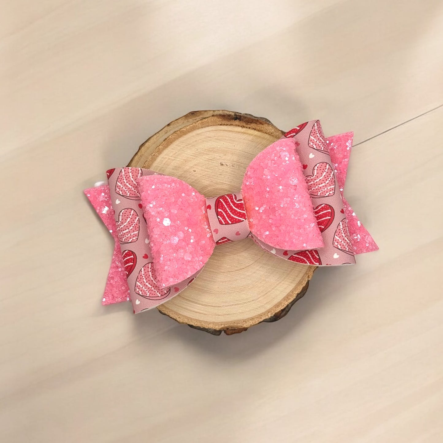 Heart Cakes | Large Stacked Pink Glitter Faux Leather Hair Bow
