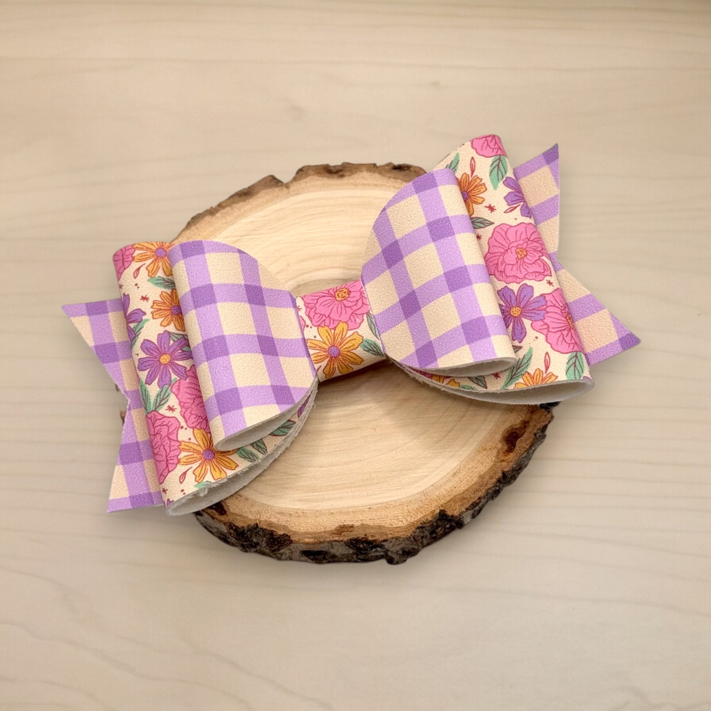 Purple Gingham Floral | Large Stacked Hair Bow