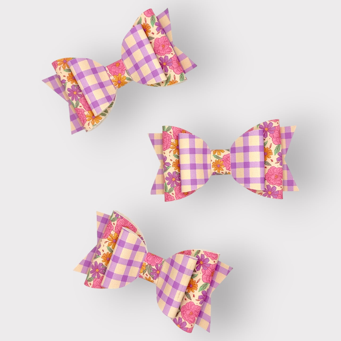 Purple Gingham Floral | Large Stacked Hair Bow
