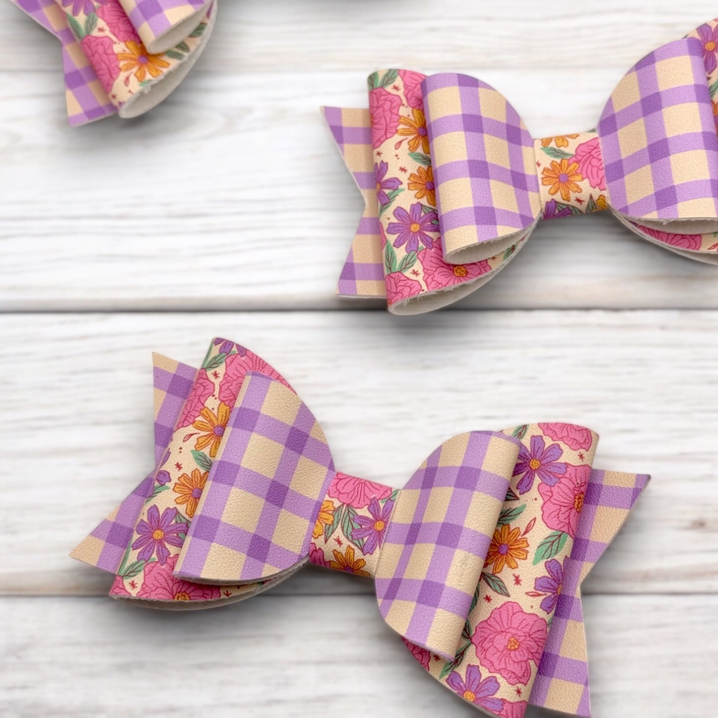 Purple Gingham Floral | Large Stacked Hair Bow
