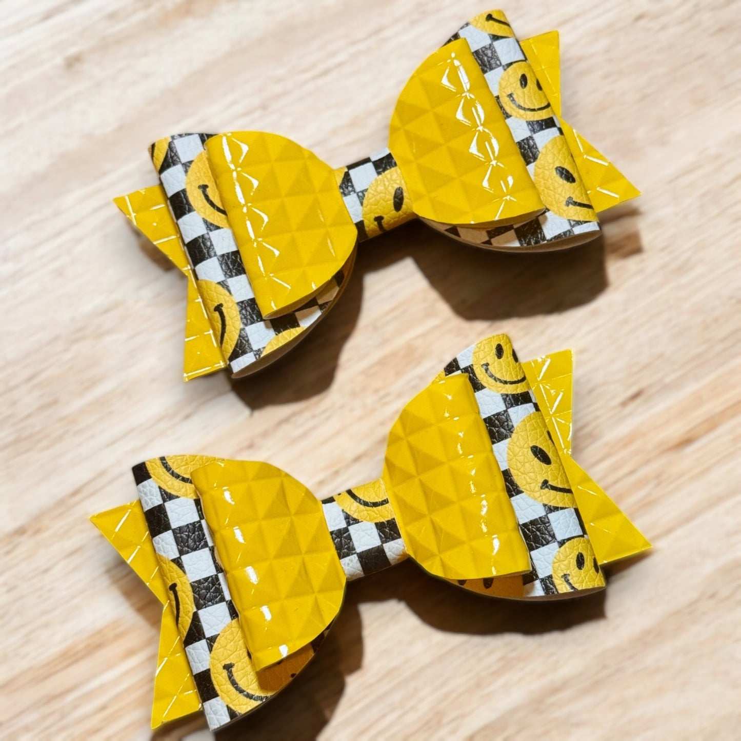 Yellow Checkerboard Smiley Face | Large Stacked Hair Bow