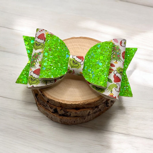 Your a Mean One | Large Green Glitter Faux Leather Hair Bow