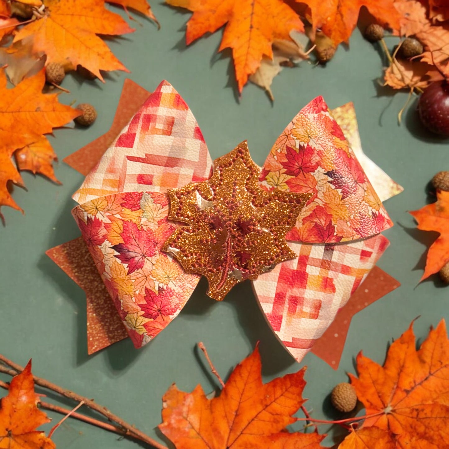 Fall Leaves | Extra Large Glitter Faux Leather Hair Bow