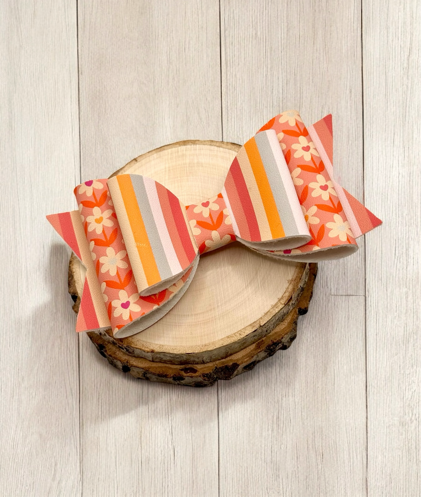 Retro Floral  | Large Stacked Striped Faux Leather Hair Bow