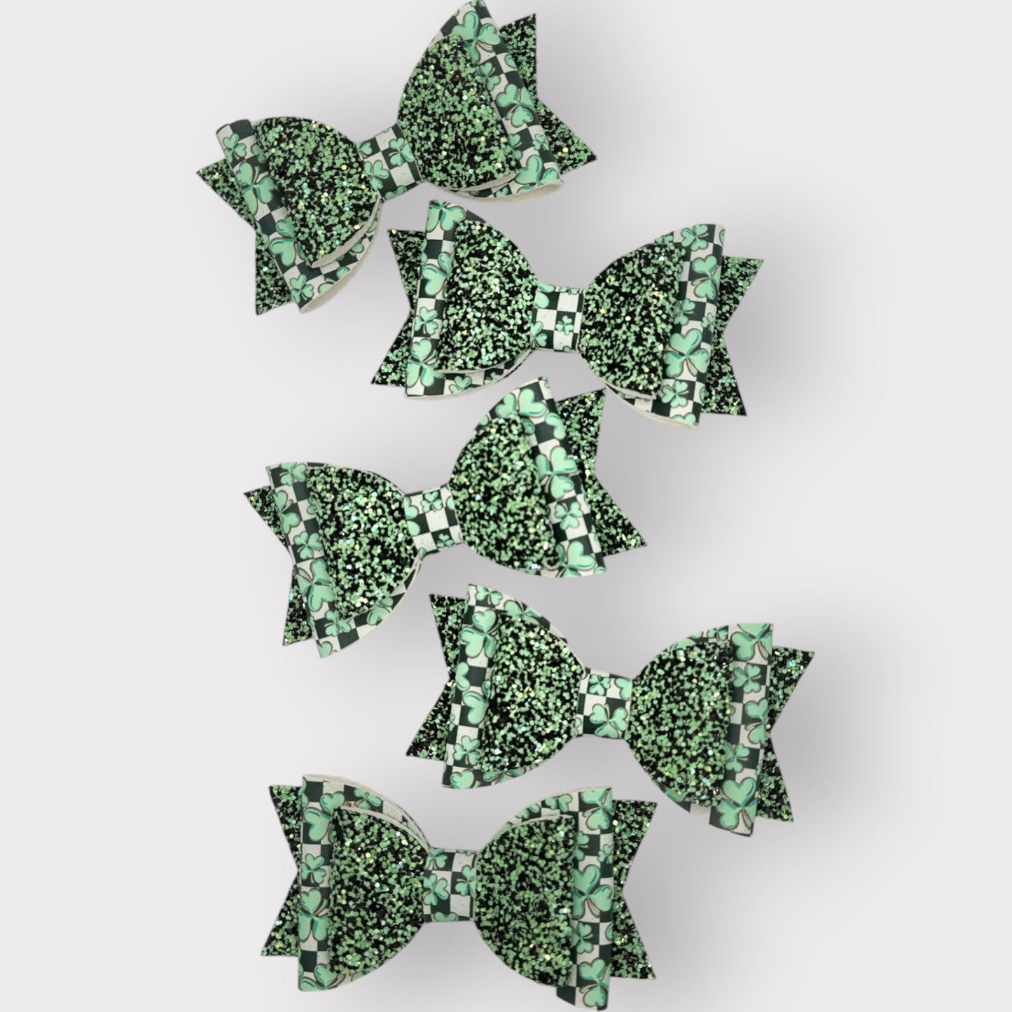 Checkerboard Clovers | Green Glitter Large Stacked Hair Bow