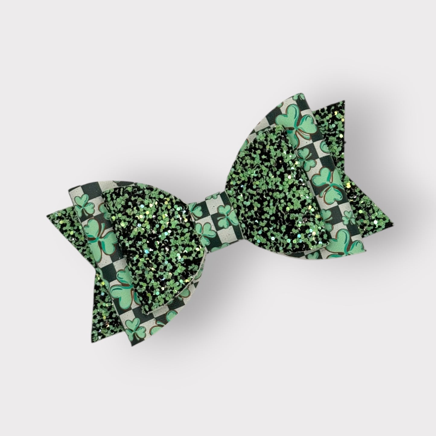 Checkerboard Clovers | Green Glitter Large Stacked Hair Bow