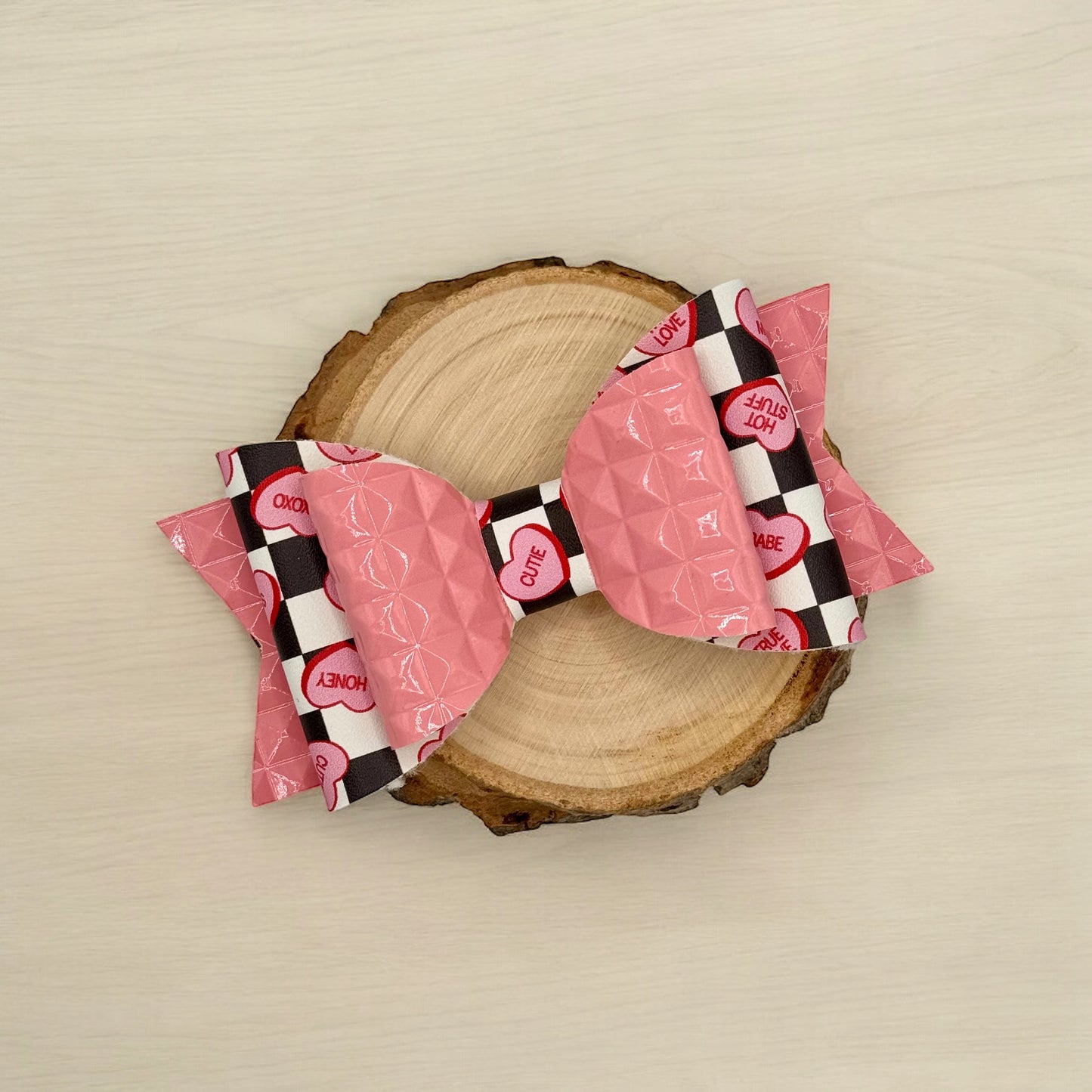 Checkerboard Hearts | Large Stacked Studded Faux Leather Hair Bow - Nic + Lex Co