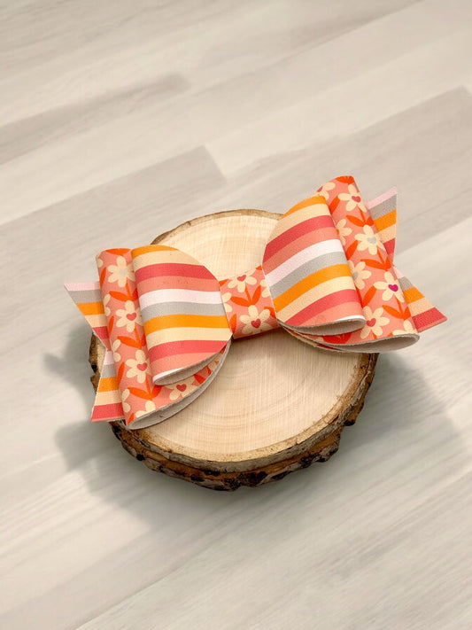 Retro Floral  | Large Stacked Striped Faux Leather Hair Bow