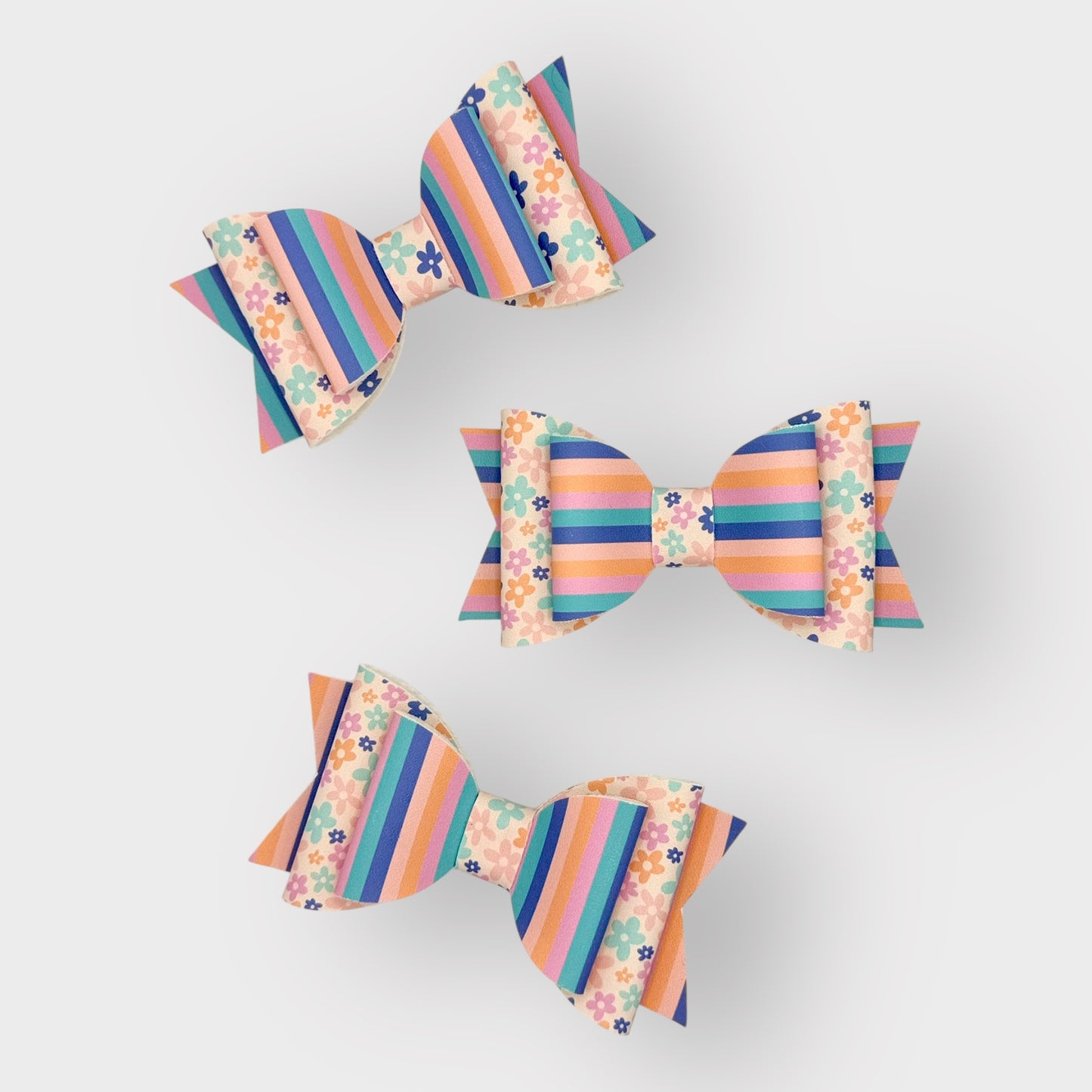 Pastel Floral  | Large Stacked Striped Faux Leather Hair Bow