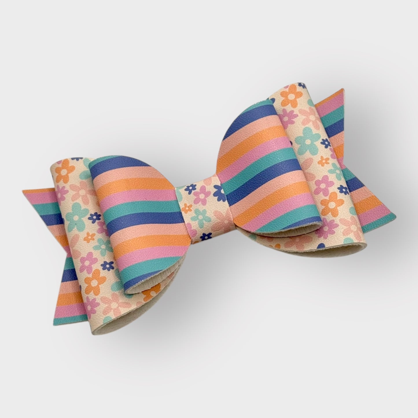 Pastel Floral  | Large Stacked Striped Faux Leather Hair Bow