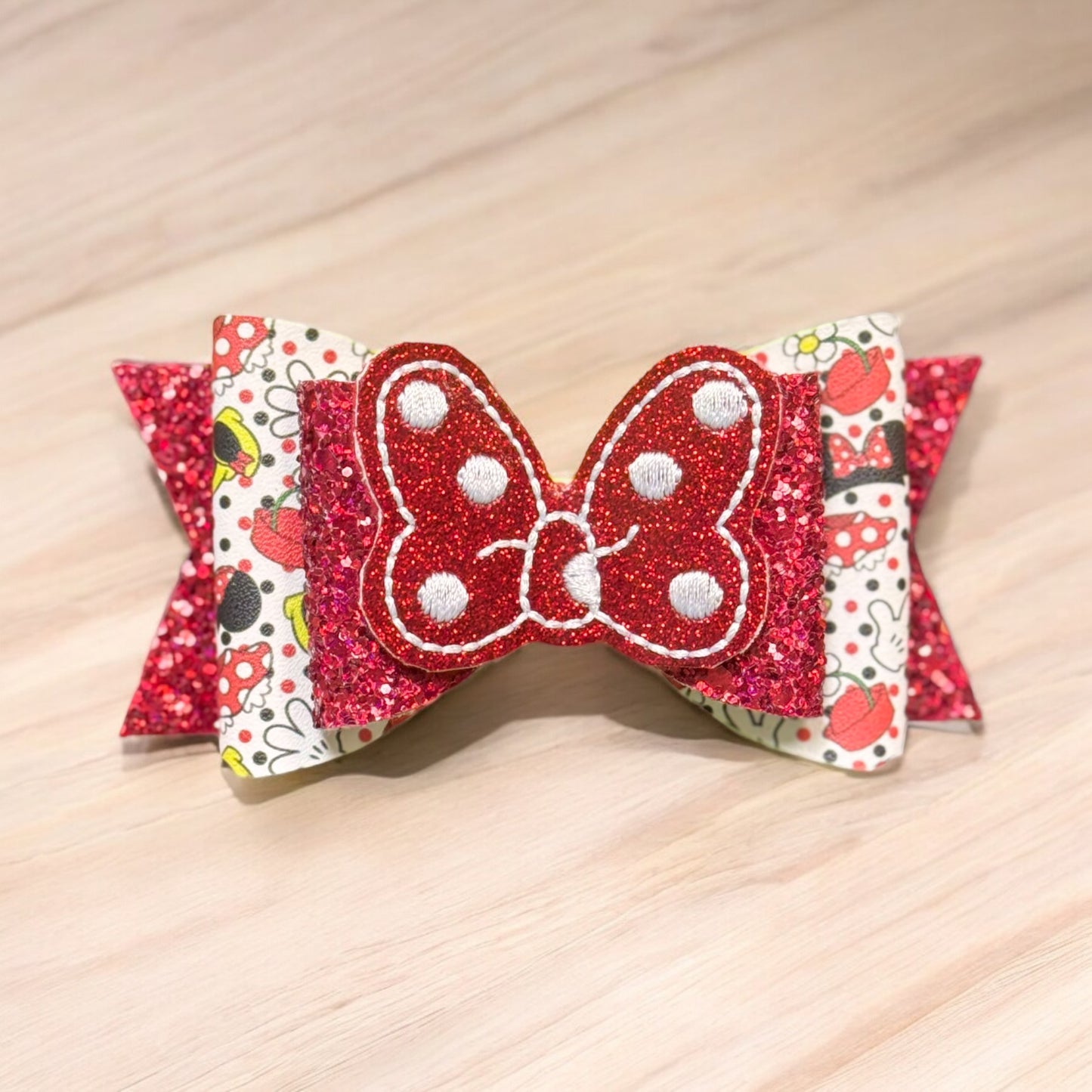 Miss Mouse Icons | Elevated Large Stacked Red Glitter Faux Leather Hair Bow