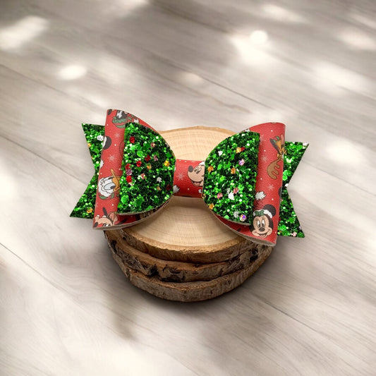 Merry Mouse Friends | Large Stacked Glitter Faux Leather Hair Bow