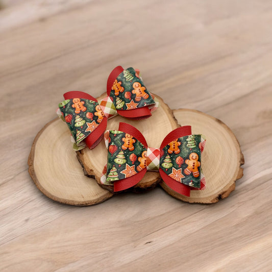 Gingerbread Cookie | Small Overlay Hair Bow Set | Faux Leather Piggie Bows