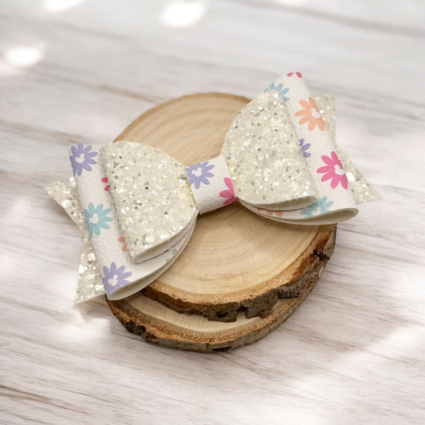 White Floral Mouse Heads | Large Silver Glitter Stacked Hair Bow