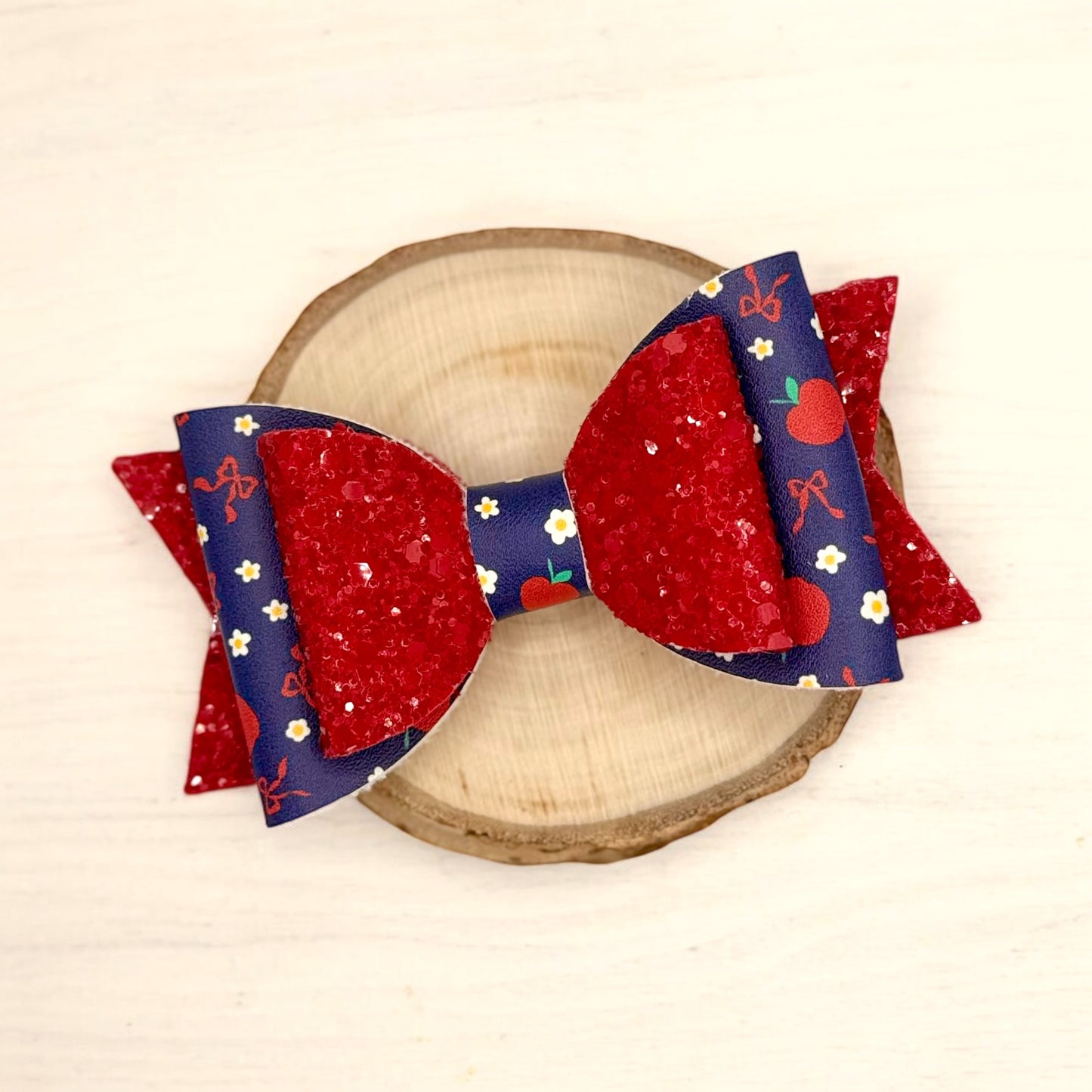 Cute Navy Apples | Large Stacked Red Glitter Faux Leather Hair Bow - Nic + Lex Co