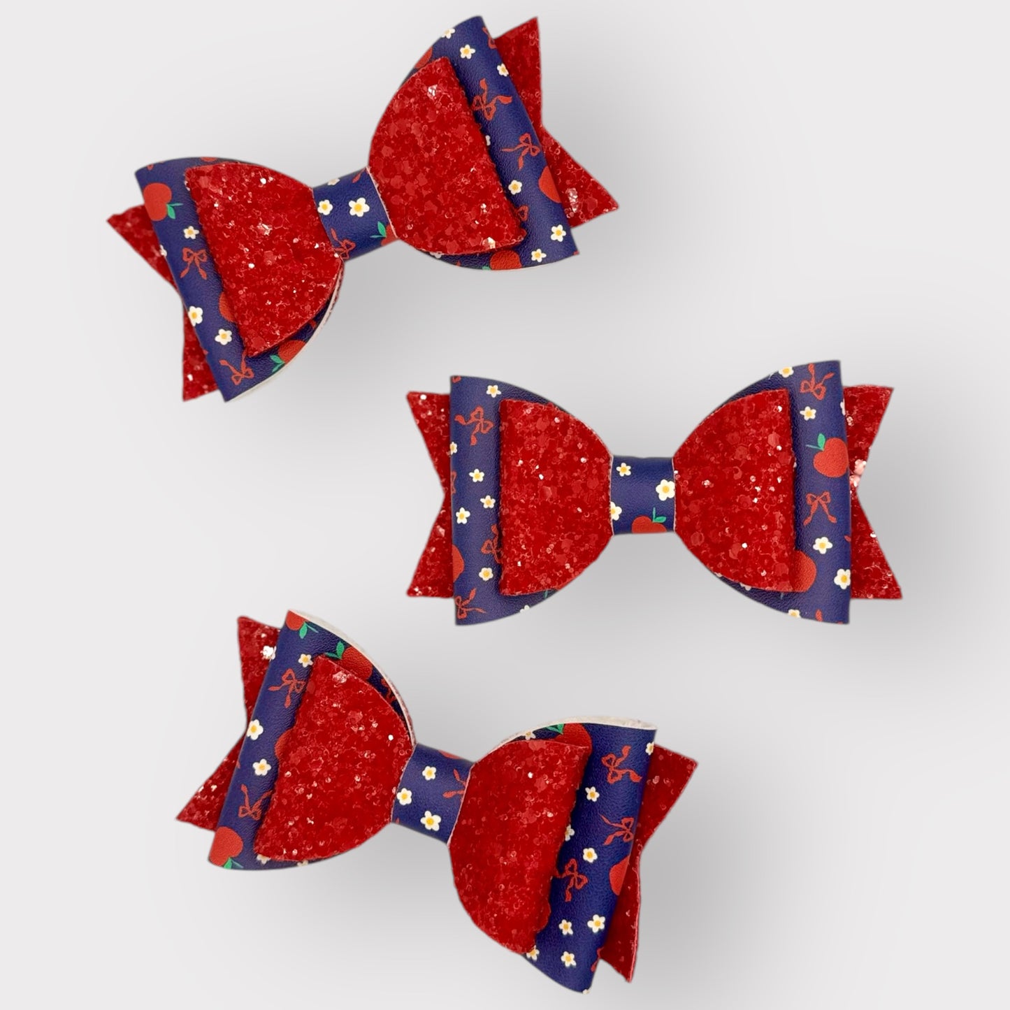 Cute Navy Apples | Large Stacked Red Glitter Faux Leather Hair Bow - Nic + Lex Co