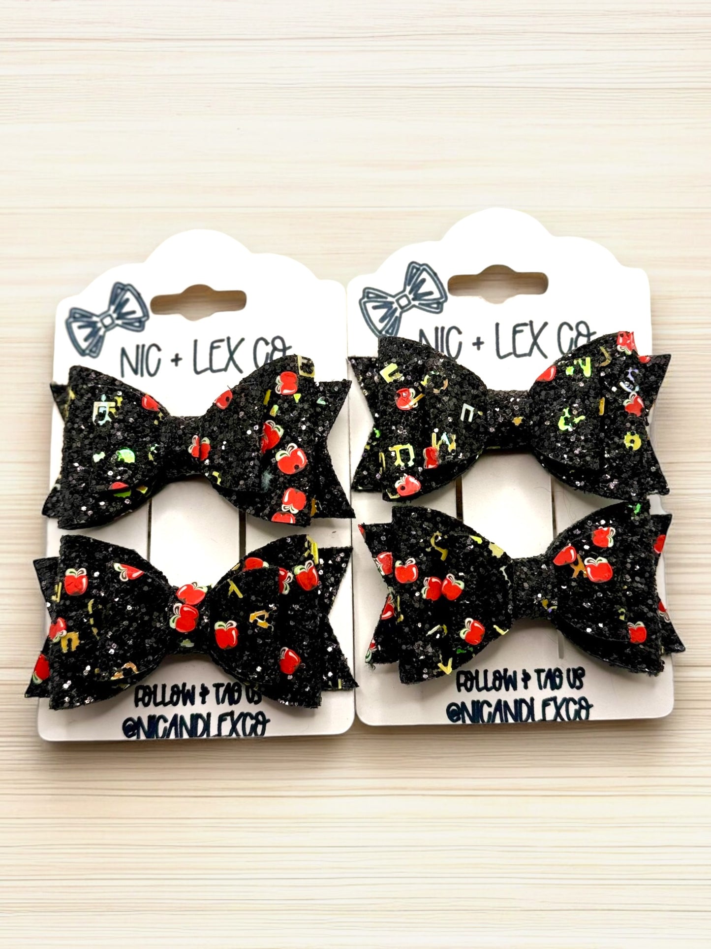 Chunky Apple | Small Stacked Hair Bow Set | Black Glitter Faux Leather Piggie Bows - Nic + Lex Co