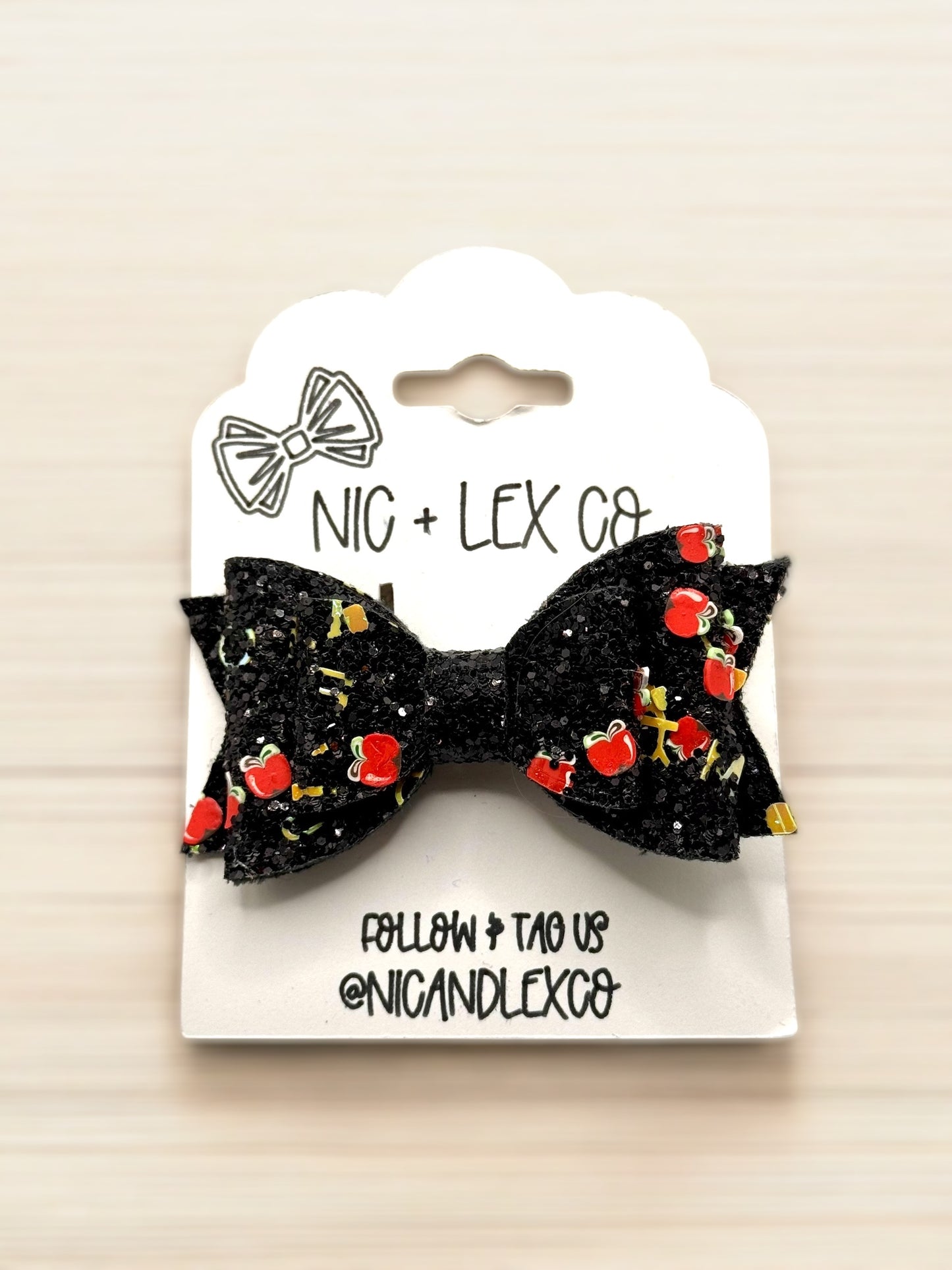 Chunky Apple | Small Stacked Hair Bow Set | Black Glitter Faux Leather Piggie Bows - Nic + Lex Co