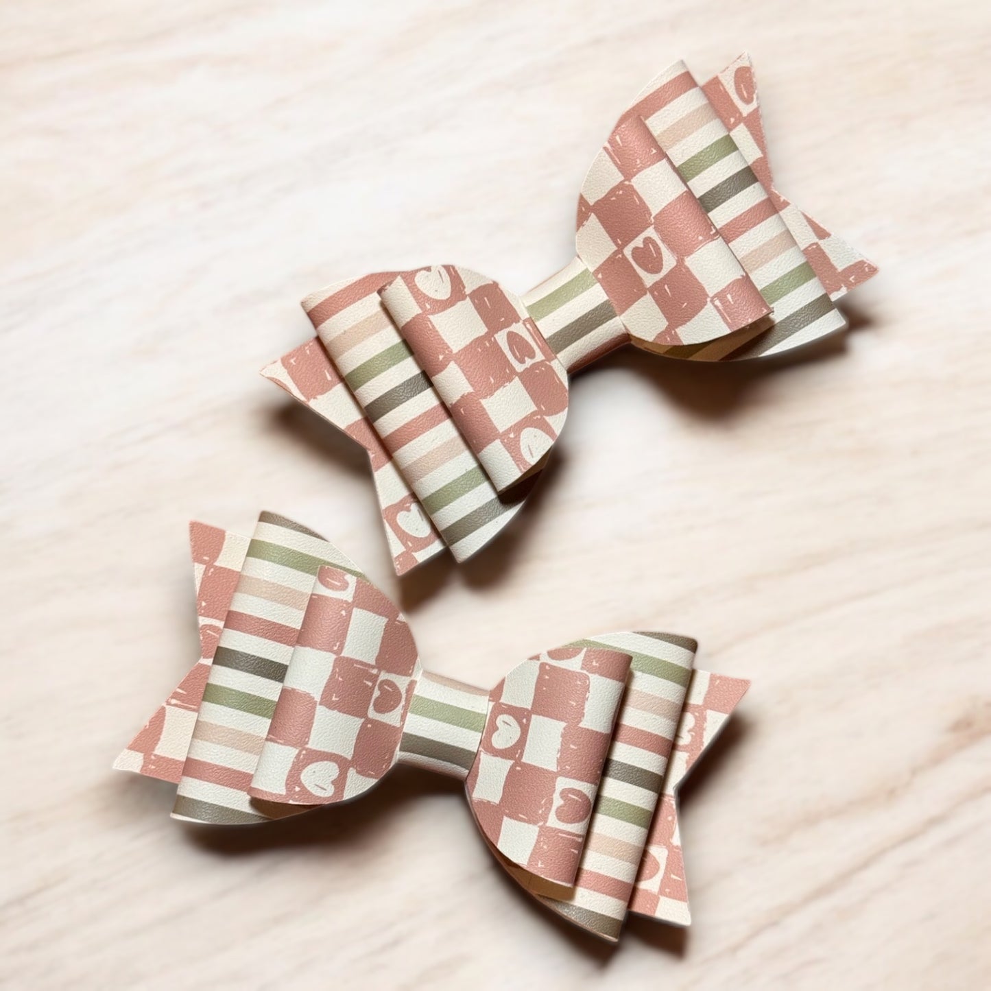 Neutral Checkerboard Hearts | Large Stacked Hair Bow