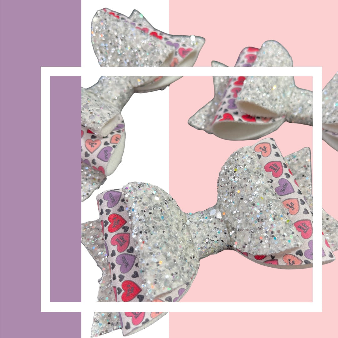 Alt Convo Hearts | Large Stacked Silver Glitter Faux Leather Hair Bow
