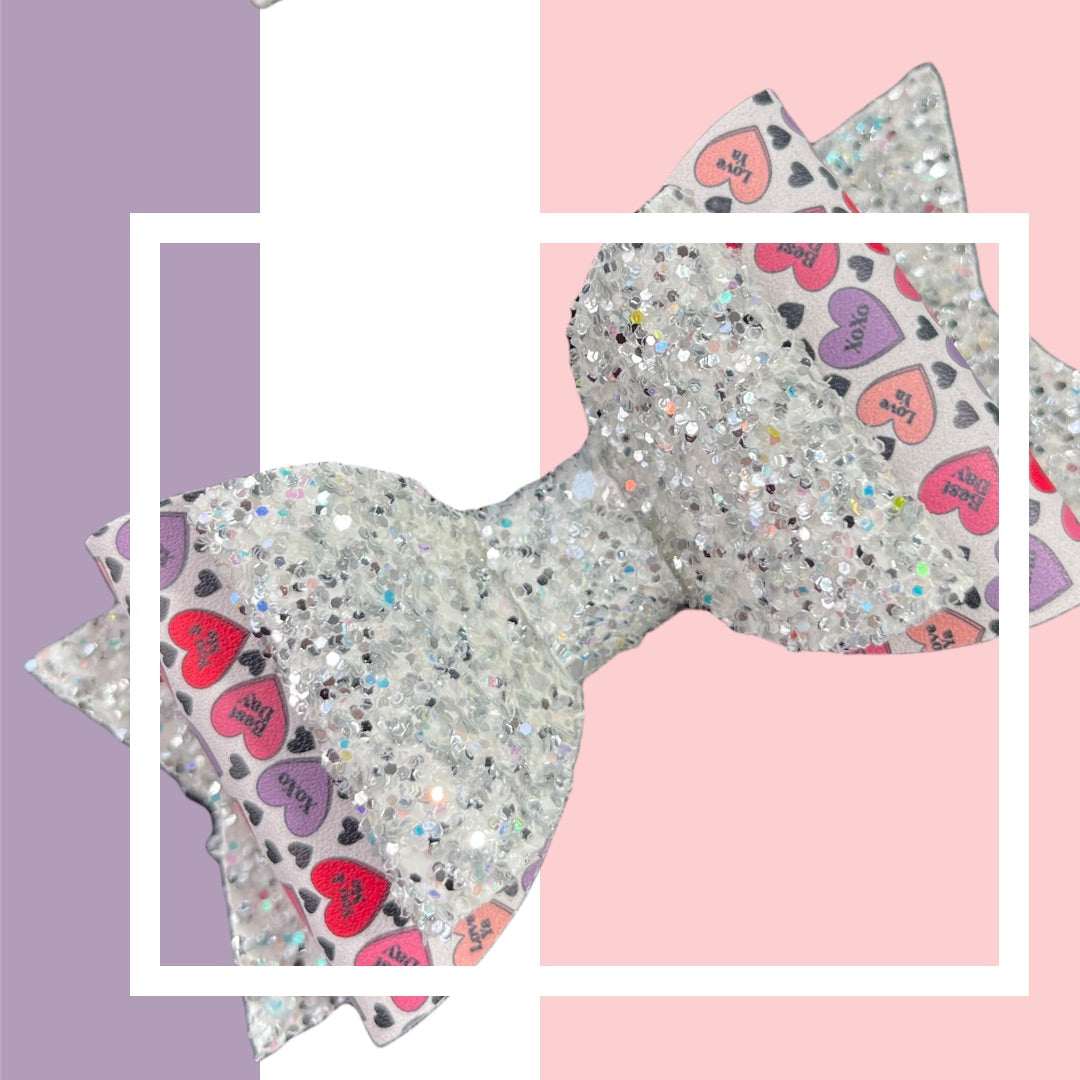 Alt Convo Hearts | Large Stacked Silver Glitter Faux Leather Hair Bow
