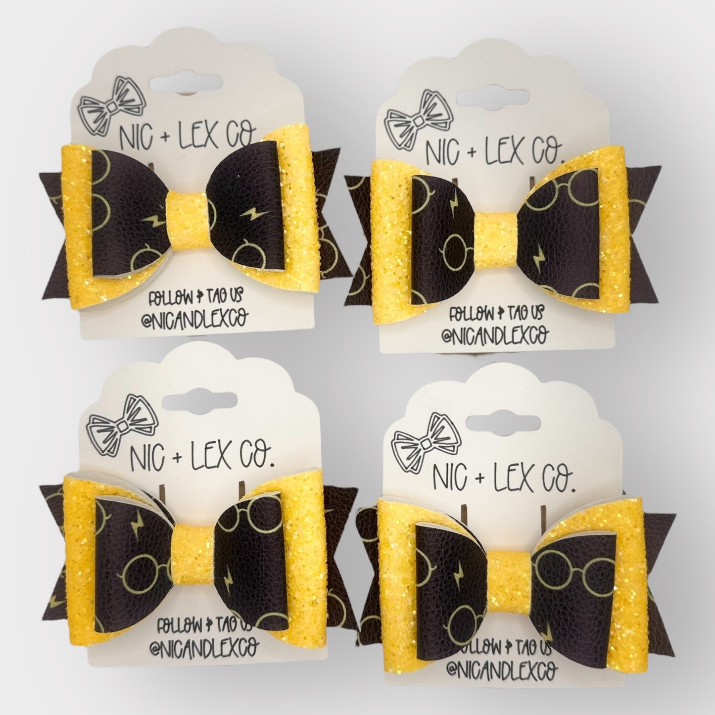 Magic Wizard Eyeglasses | Black and Yellow Large Stacked Glitter Hair Bow - Nic + Lex Co