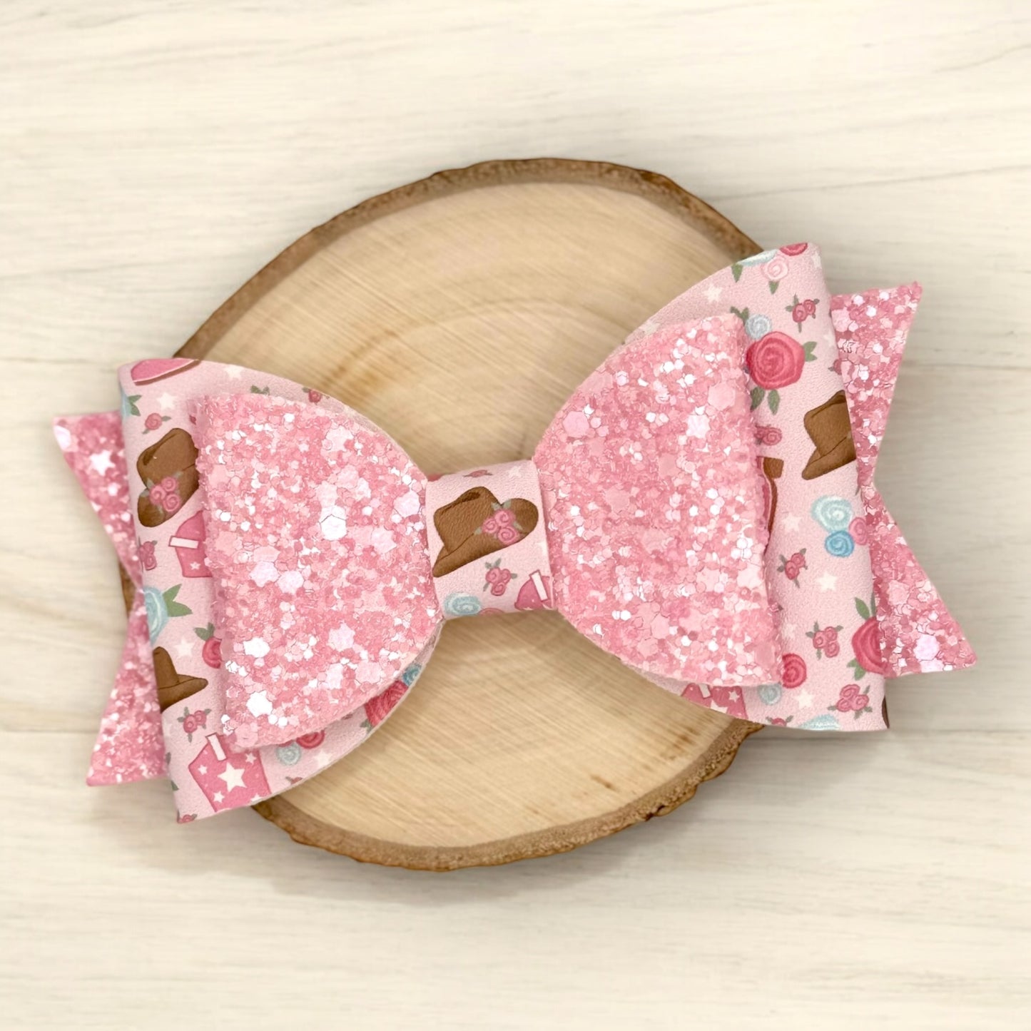 Country Glam | Large Stacked Pink Glitter Faux Leather Hair Bow