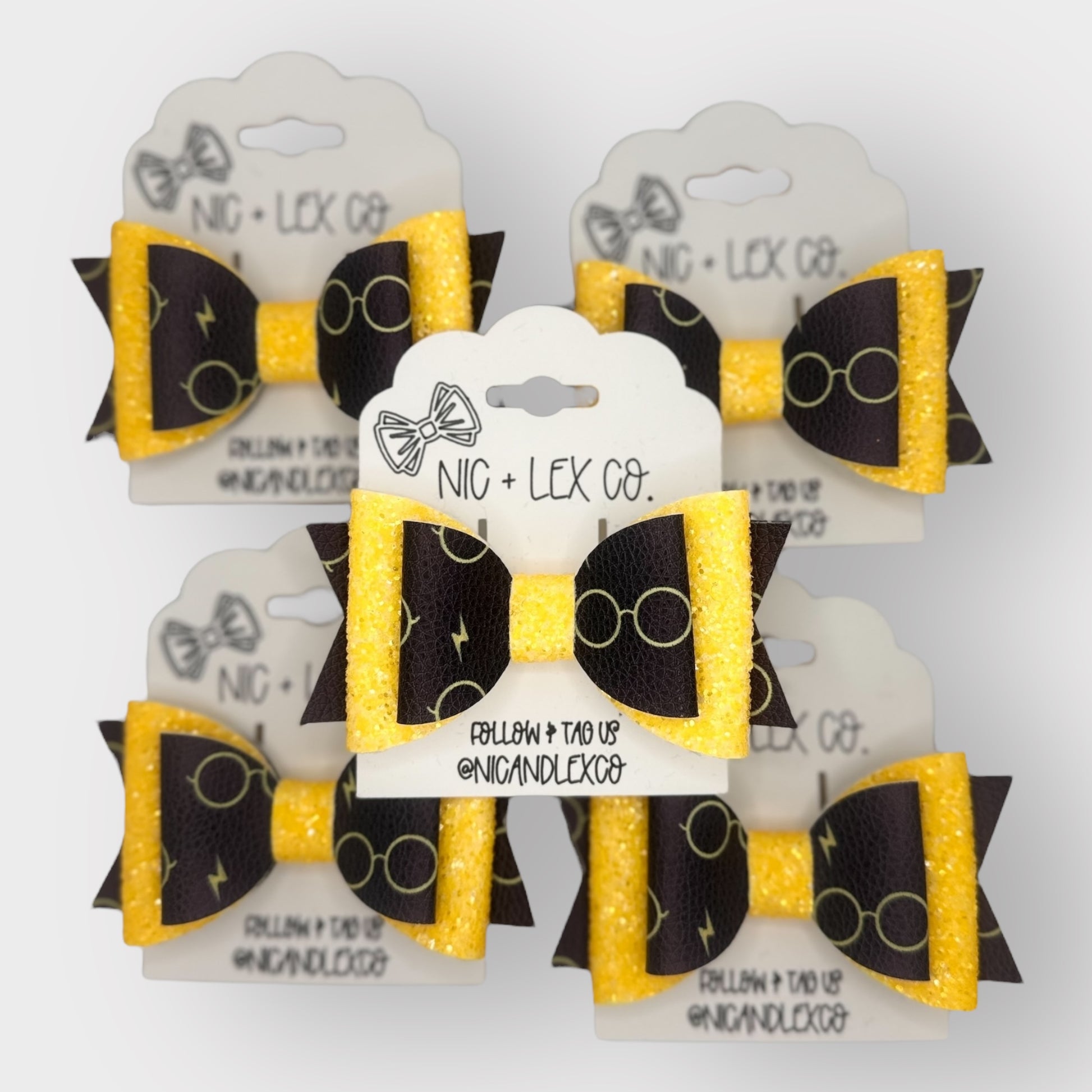 Magic Wizard Eyeglasses | Black and Yellow Large Stacked Glitter Hair Bow - Nic + Lex Co